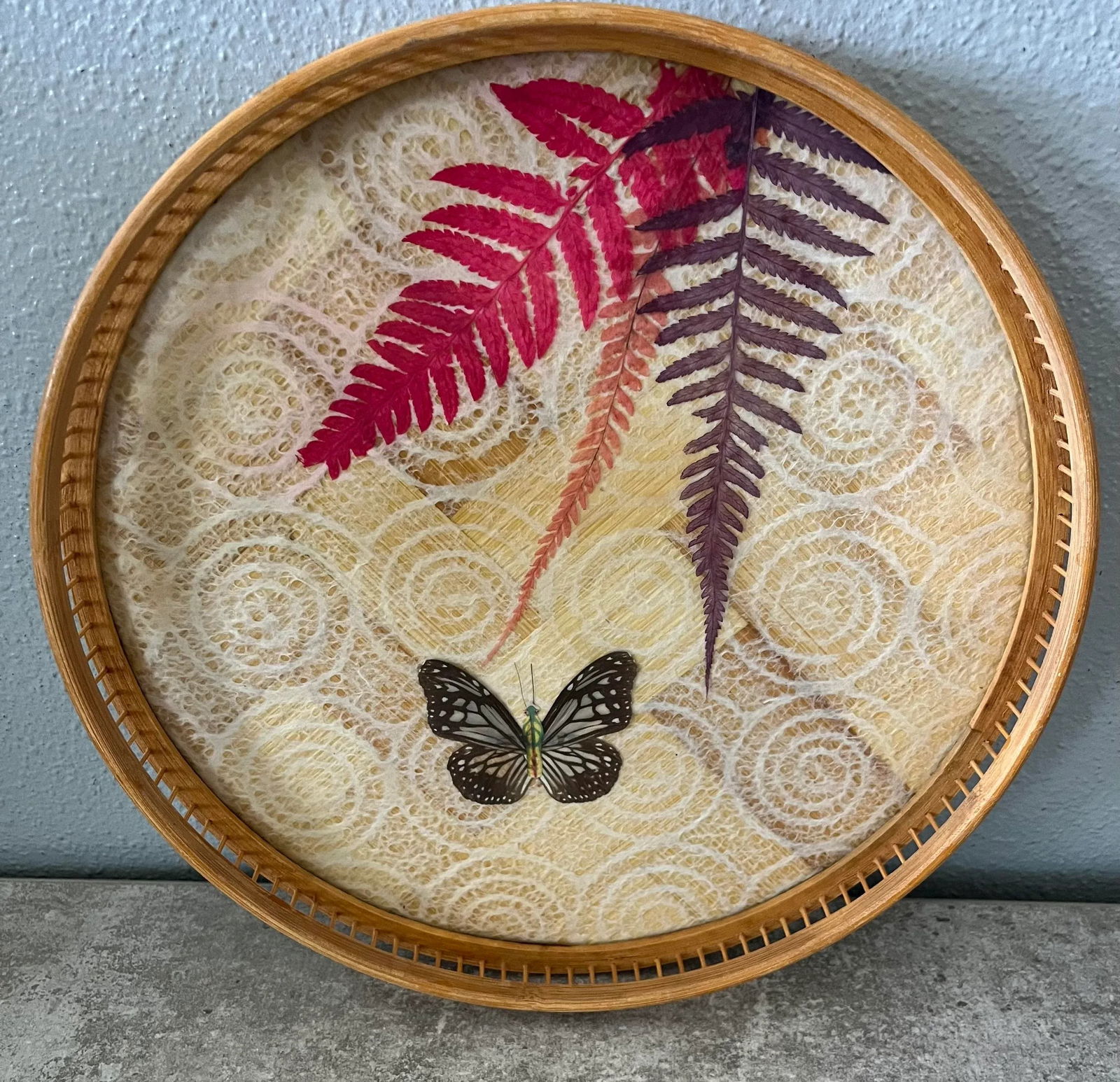 1970s Boho Chic Pressed Butterfly Bamboo Tray - 2
