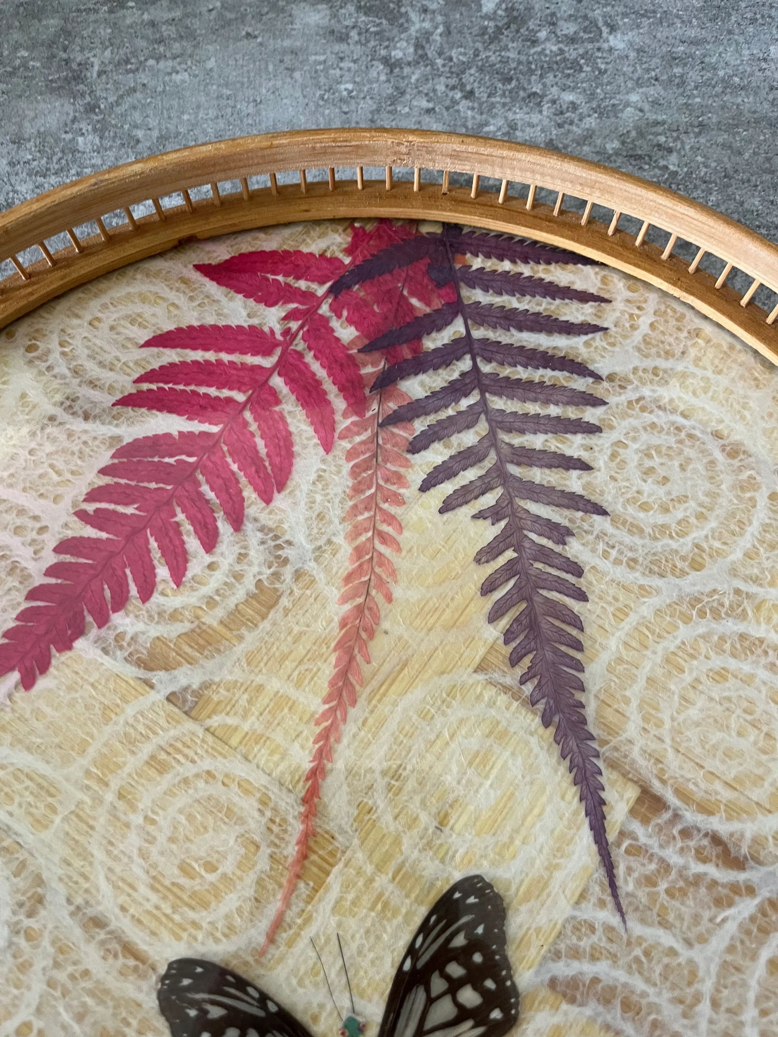 1970s Boho Chic Pressed Butterfly Bamboo Tray - 3