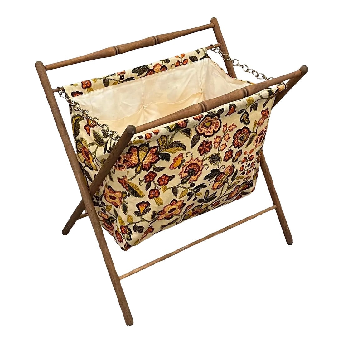 1960s Folk Art Sewing Caddy Basket With Wooden Folding Frame: Such a classic piece found in so many mid century American homes. This vintage sewing caddy is in excellent condition considering age and use. The bohemian floral pattern is so vibrant, pictures