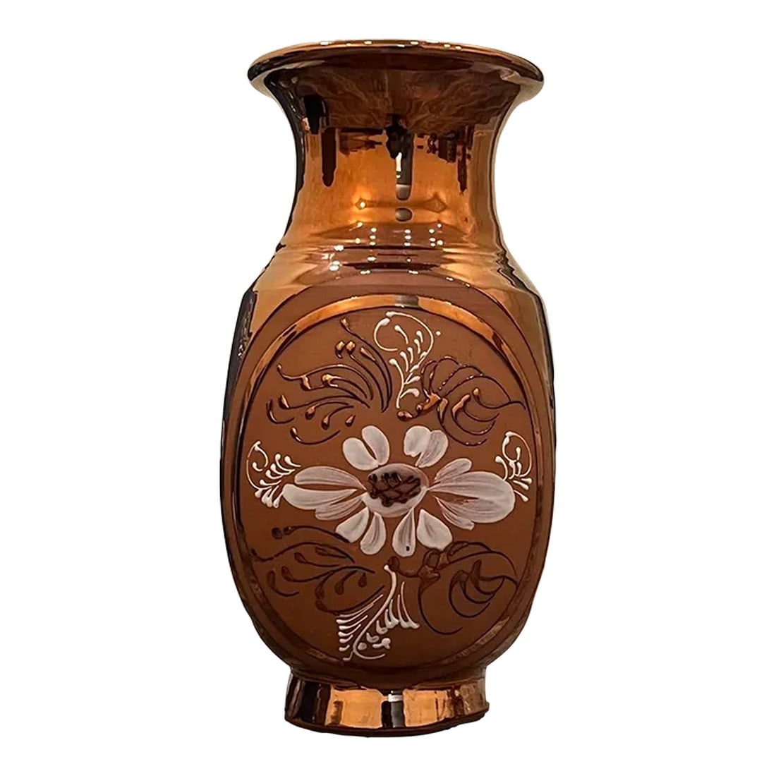 1950s Copper Dipped Terra Cotta Floral Vase: I am so thrilled to have this available for your consideration! I have never seen another vase like this. Guaranteed to be a conversation starter. VERY difficult to photograph- the dark reflections