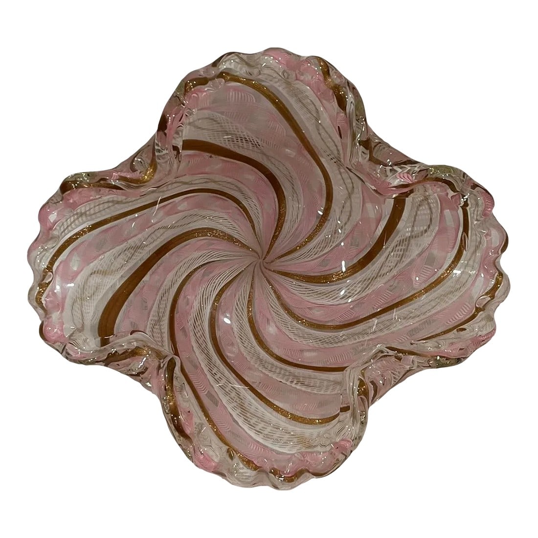 1950s Salvati Murano Pink Latticino Ribbon Ruffled Bowl or Catchall: In excellent vintage condition, I am pleased to be able to offer this spectacular Salviati Murano art glass bowl with ruffled edges for your consideration! Featuring the elaborate and elegant ribbon d