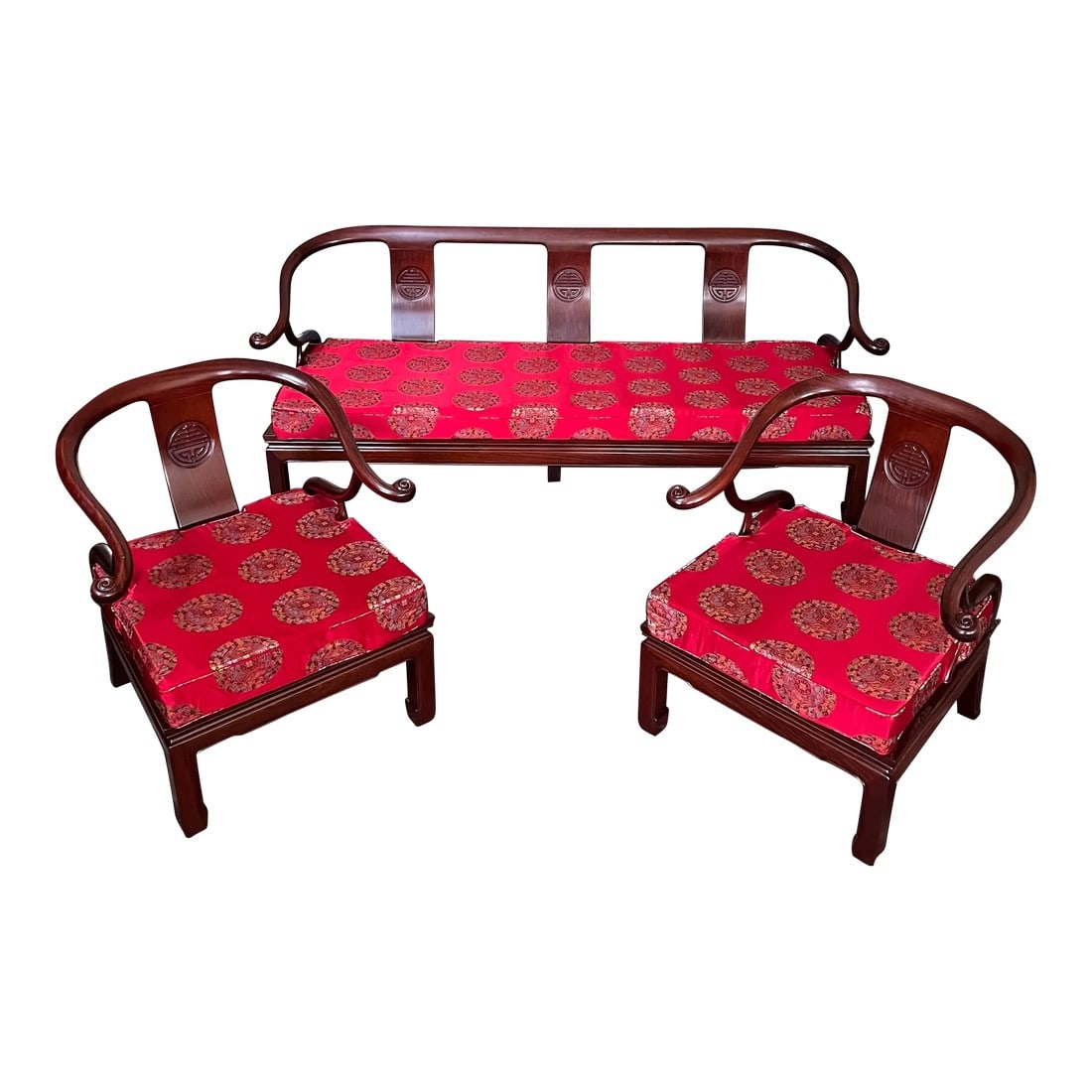 Late 19th Century Ming Style Horseshoe Settee and Chairs in Rosewood- 3 Pieces: So pleased to offer for your consideration this stunning Asian antique Rosewood settee and 2 side chair set!! Hand carved, no metal joinery anywhere, these pieces have already stood the test of time