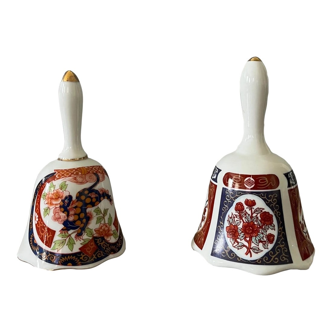 1970s Japanese Imari Style Bells - Set of 2: Offering a surprise sweetness to any Asian themed decor, these two delicate bells are gorgeous. In excellent vintage condition with no chips, cracks, or crazing. One features a fierce dragon with deco