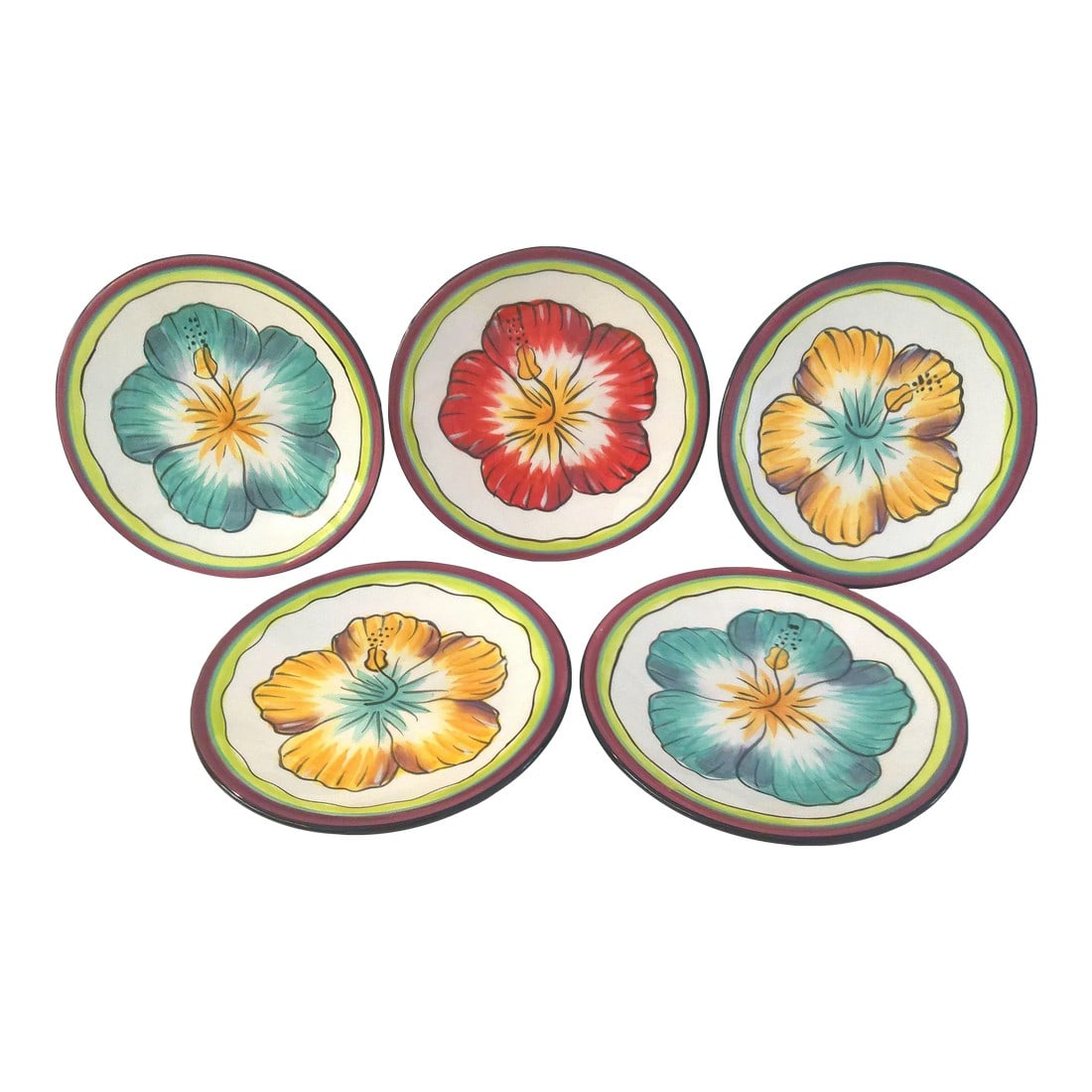 1980s Clay Art Hibiscus Plates, Set of 5: Colorful set of five Clay Art ceramic plates each depicting a hand-painted Hibiscus flower in center. Perfect for serving appetizers or dessert, lovely for display. Marked underside "Clay Art Hibiscus