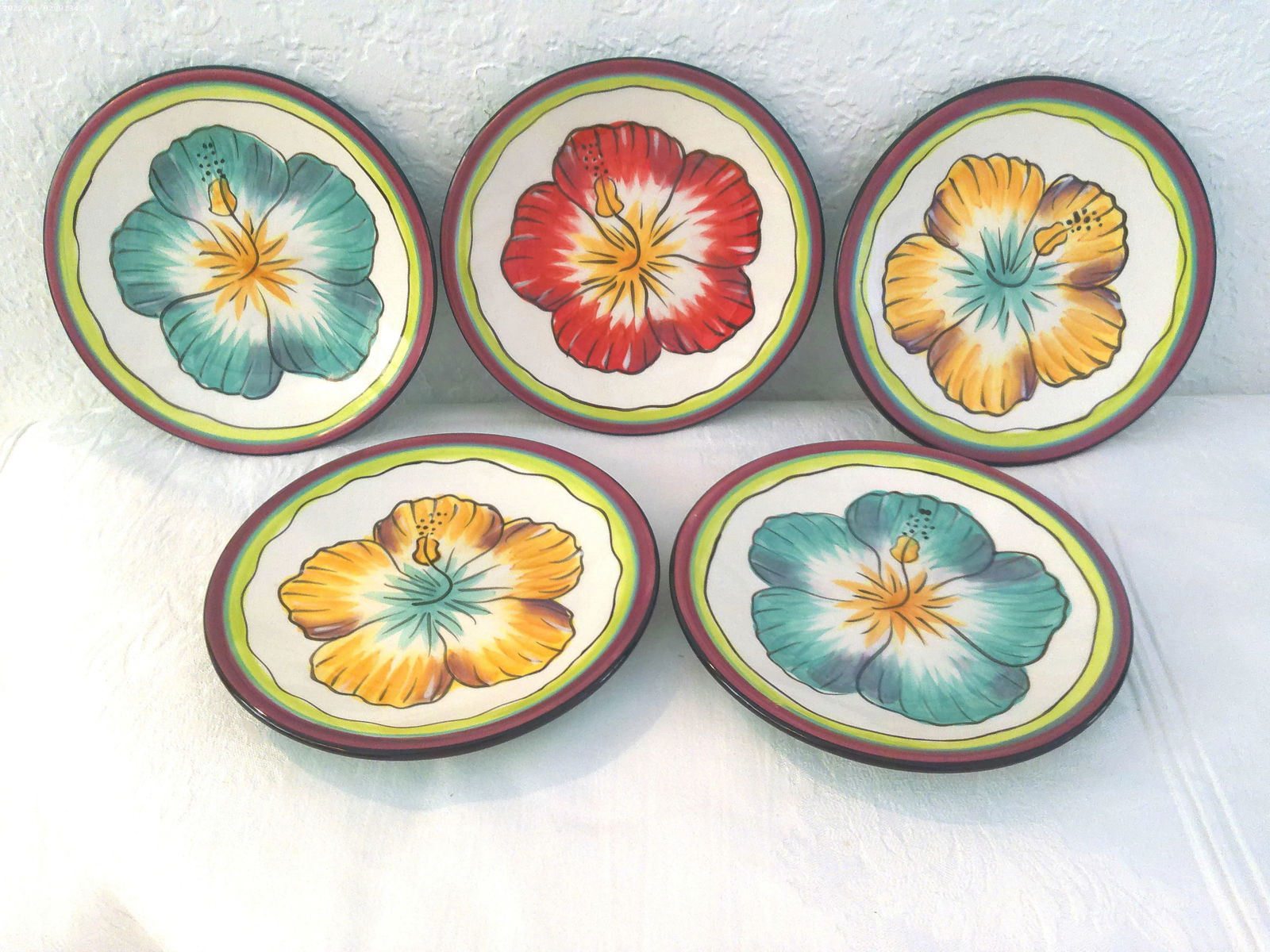 1980s Clay Art Hibiscus Plates, Set of 5 - 6