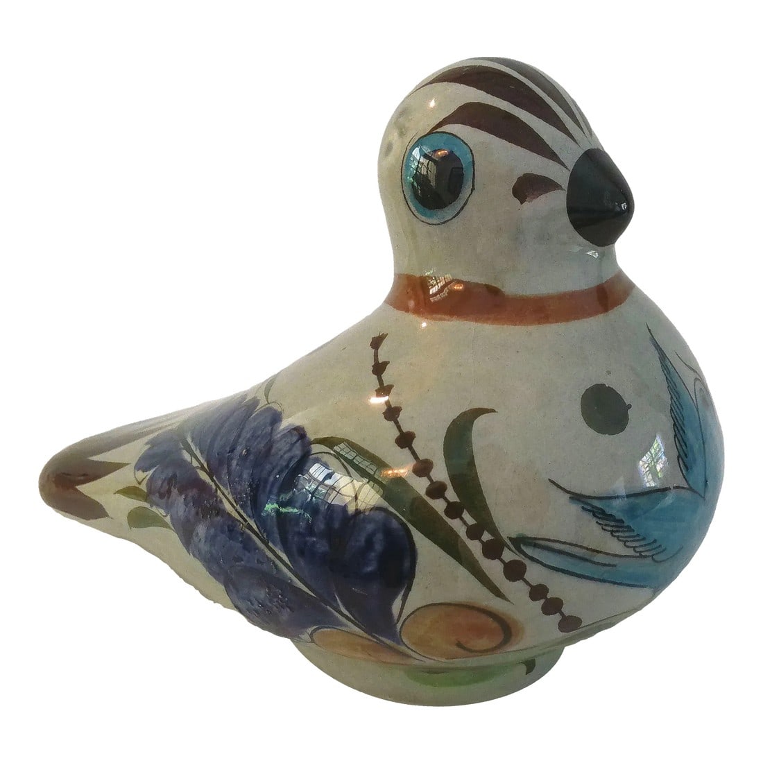 1970s Mexican Talavera Pottery Figural Dove: Sweet vintage Mexican Tonala pottery figural dove hand-painted in a traditional folk design in shades of slate, brown, green, blue, gray and tan. Marked and numbered "Mexico 38P." Condition: