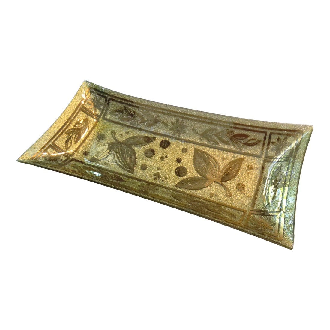Mid-Century Georges Briard Inspired Botanical Gold Leaf Tray: Lovely mid-century Georges Briard inspired rectangular tray. Gold leaf glass tray features a gold on gold botanical design with atomic shapes. No maker's mark. Condition: Alterations: Original