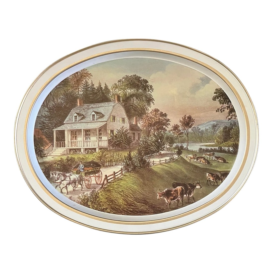1980s Currier and Ives Decorative Tray: Rich yet muted colors are the centerpiece of this beautiful early American painting by Currier and Ives, titled "An American Homestead". A simple tole metal serving tray has now become a thing of