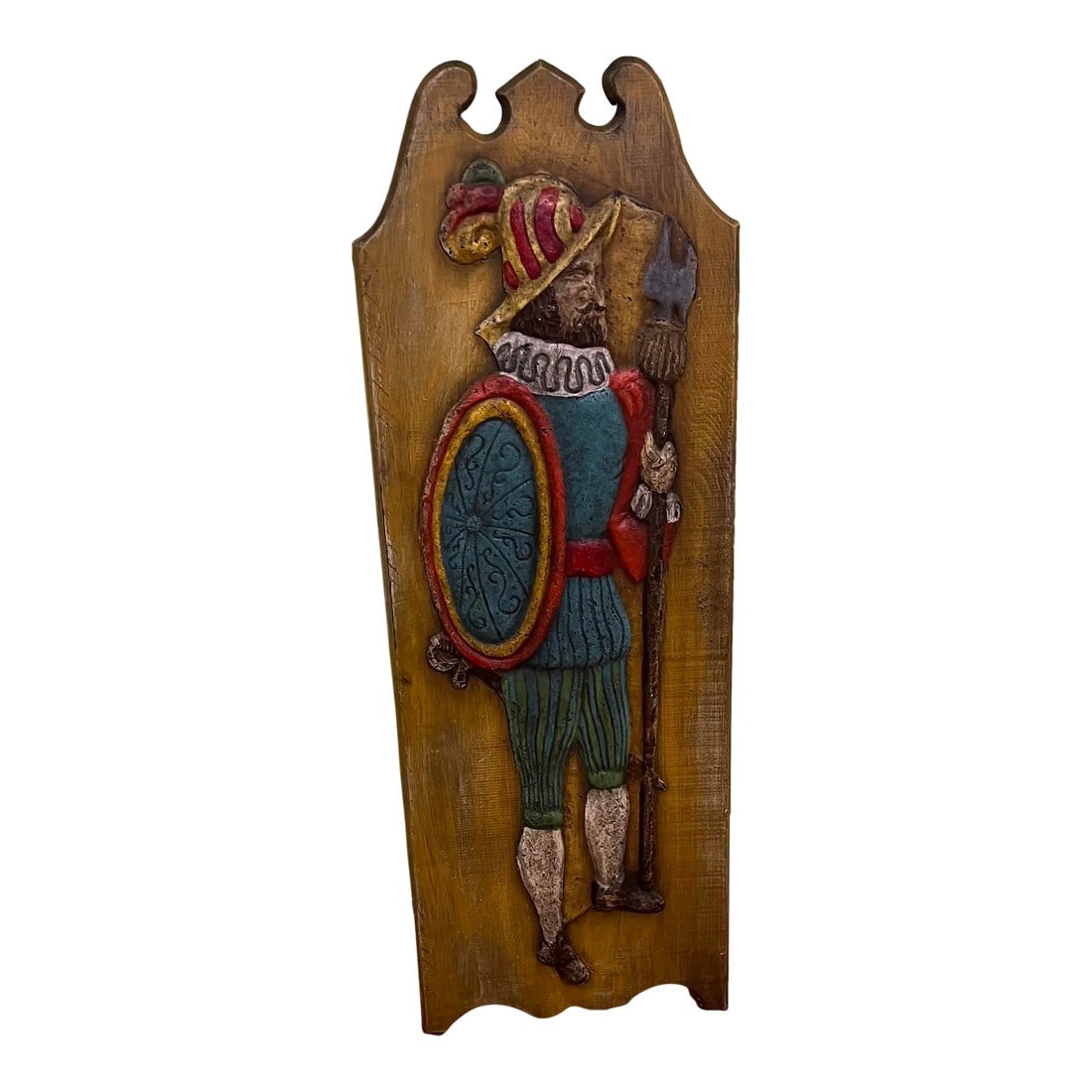 1970s Traditional Spanish Soldier Hand-Carved Mexican Folk Art Wall Hanging: Amazing Spanish soldier in traditional uniform depiction, handcarved in Mexico. For as old as this is, the colors are so vibrant! A lovely piece of history to admire- easily brighten up a hallway or
