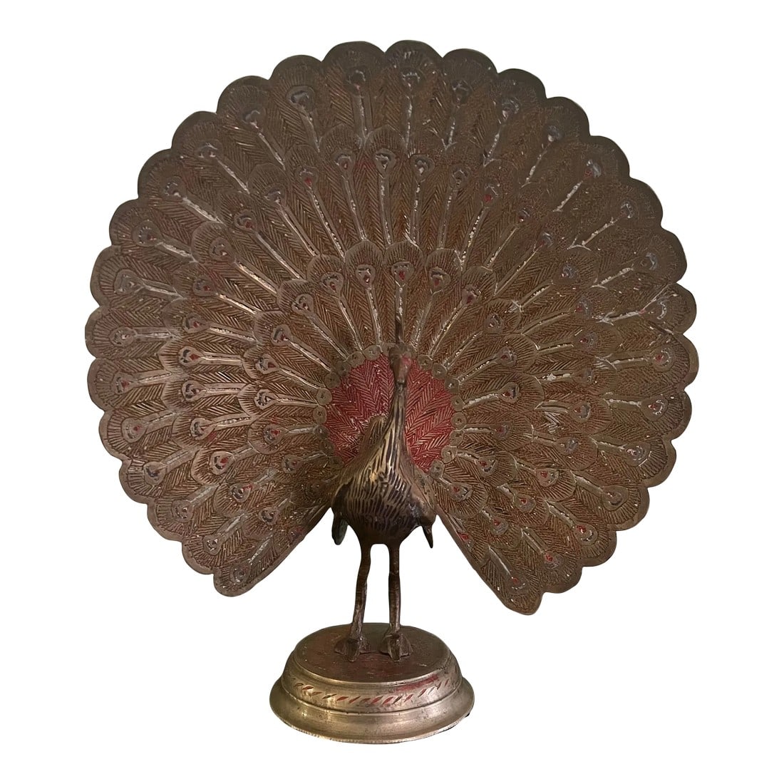 Early 20th Century Anglo-Indian Polychrome Etched Brass Peacock Figurine: Incredible craftsmanship on display with this lovely polychrome brass peacock. Add a touch of whimsy to your shelves! Dimensions are: 8.5 x 8 x 3 IMPORTANT INFO: - I participate in exclusive sales