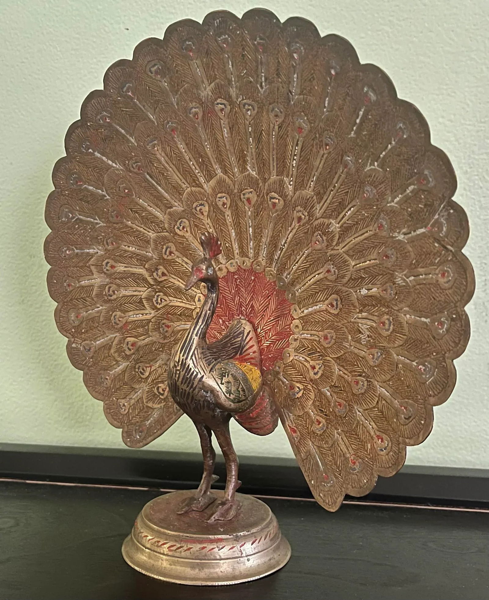 Early 20th Century Anglo-Indian Polychrome Etched Brass Peacock Figurine - 2