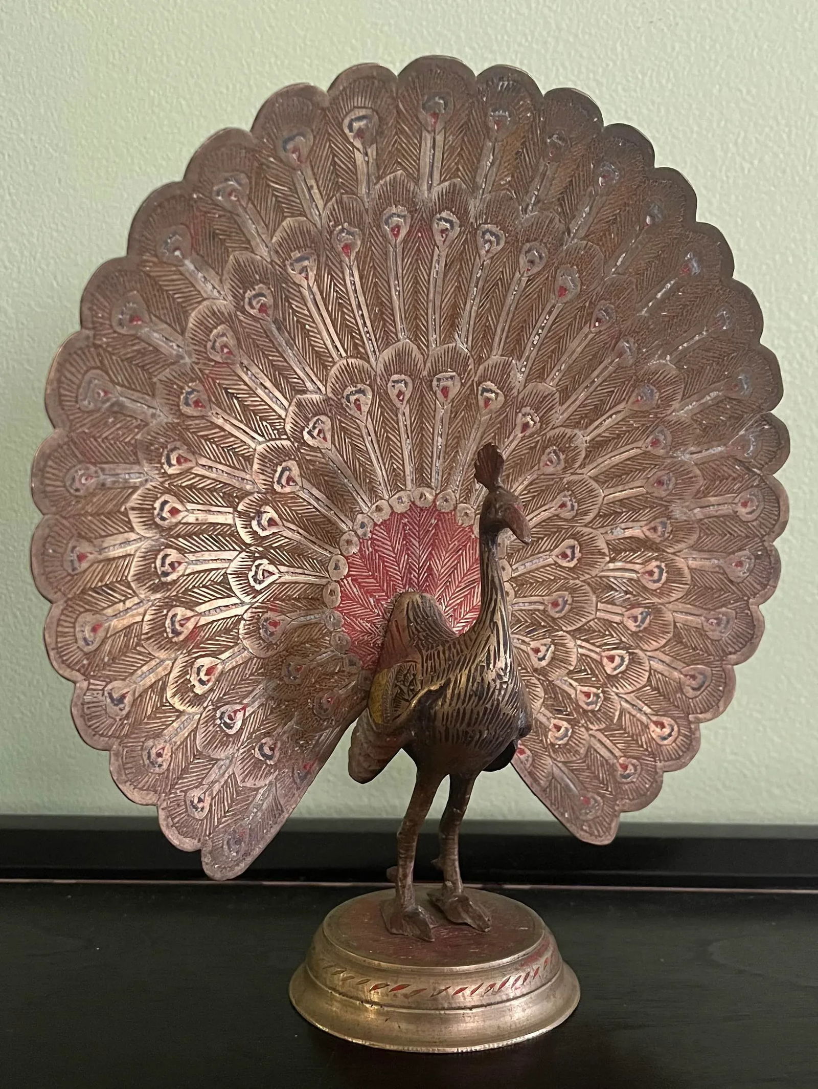 Early 20th Century Anglo-Indian Polychrome Etched Brass Peacock Figurine - 3