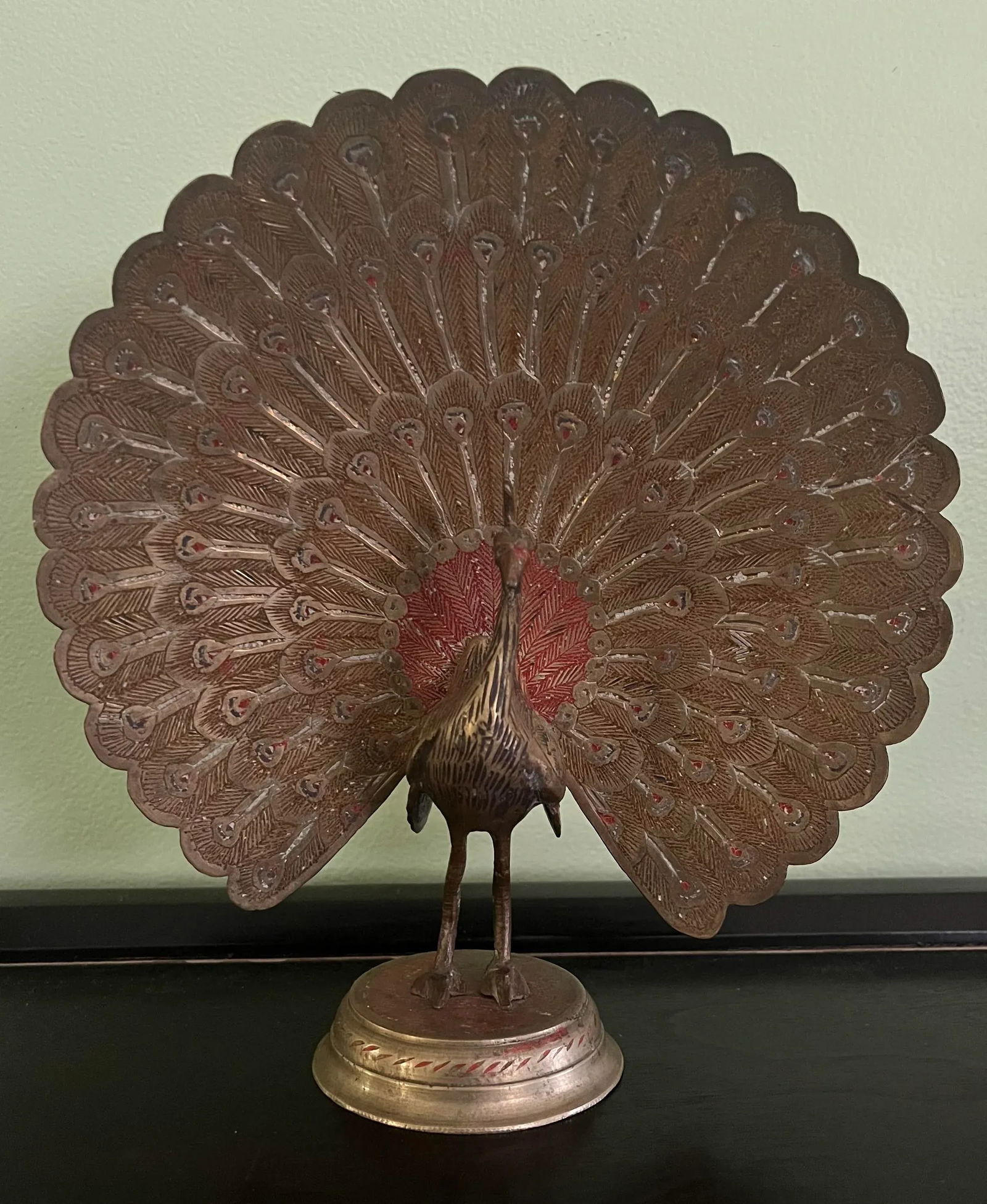 Early 20th Century Anglo-Indian Polychrome Etched Brass Peacock Figurine - 7