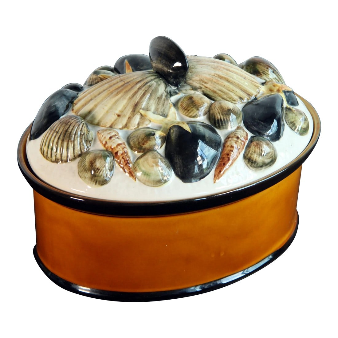 Vintage Majolica Ceramic Shellfish Lidded Casserole Serving Bowl: Fabulous vintage c.1970's Portuguese majolica lidded casserole / serving bowl that has beautiful figural shellfish decor on the lid! Great form and color, very functional and a great piece for your