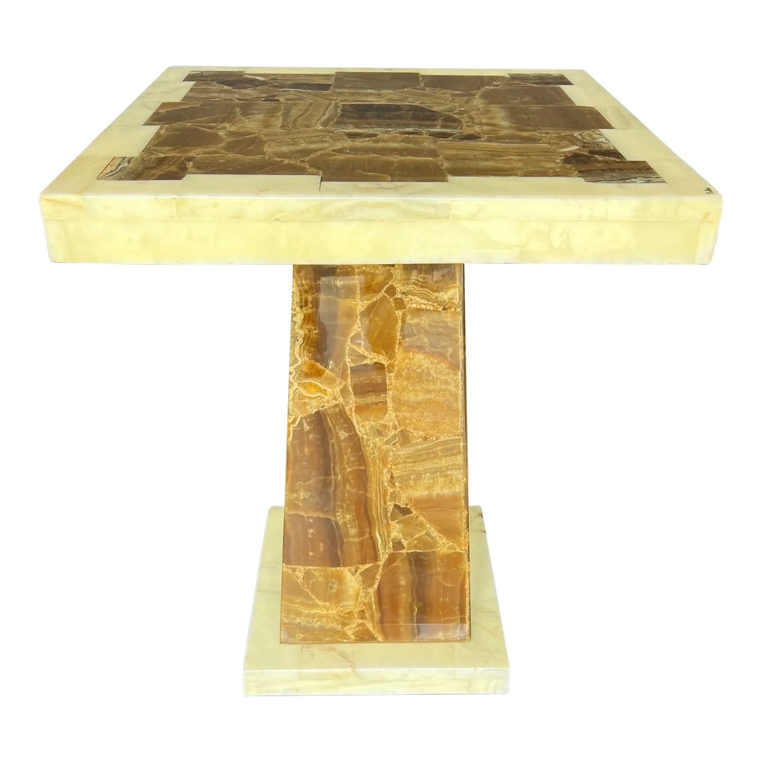 1960 Vintage Signed Muller of Mexico Onyx Pedestal/Side Table.: 1960's Muller's of Mexico signed on the top corner pedestal-side table ,Composite of Onyx and resin Original preownned vintage condition , the top can be easily removed it has four nuts. 23 1/2 x 23