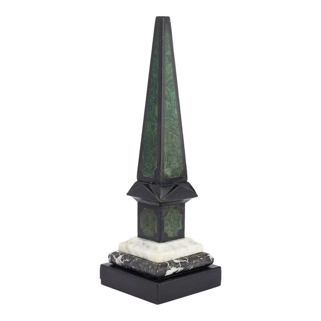 Painted Slate & Marble Obelisk, 1840: Tapered square obelisk in painted slate with faux malachite panels on three sides, rising from architectural pediments atop each side of the square plinth. The plinth is mounted on a square base of co