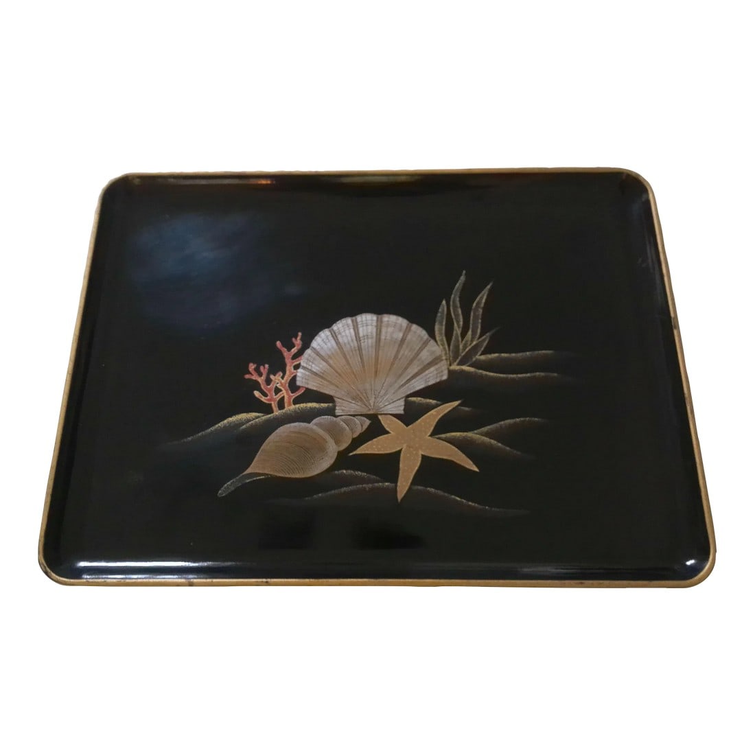 1970s Black Otagiri Sea Life Tray: Lovely vintage black Otagiri hard lacquerware tray featuring a sea life design in center in shades of white, gold and red with gold rim. Marked underside "Otagiri Japan." Condition: Alterations: