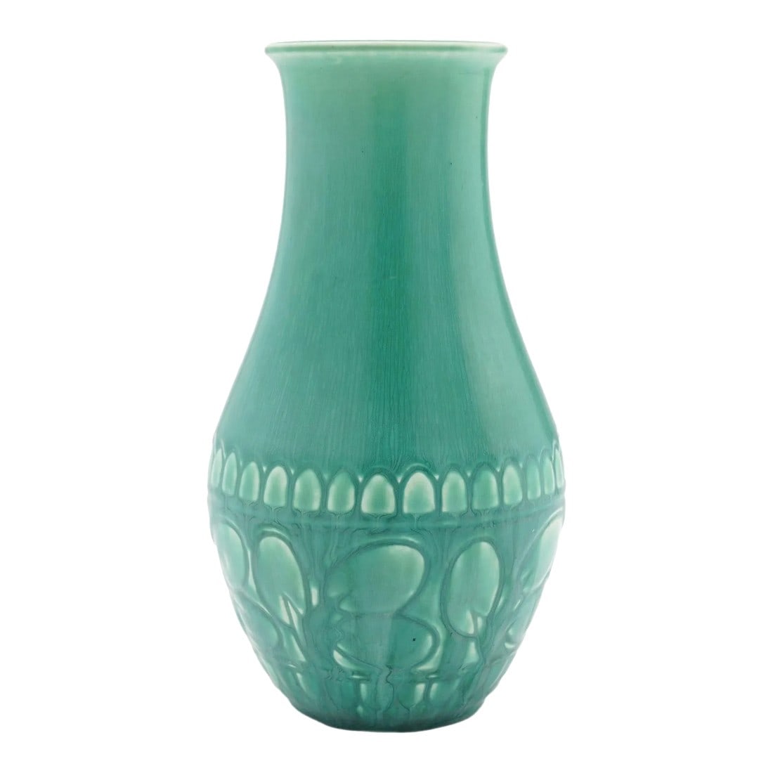 Tapered Bulb Form Vase by Rookwood, 1925: Tapered bulb form vase finished in a medium green drip vellum glaze over a shallow impressed design on the lower half of the vase. The vase has a 2-1/2" diameter opening. The Rookwood logo is