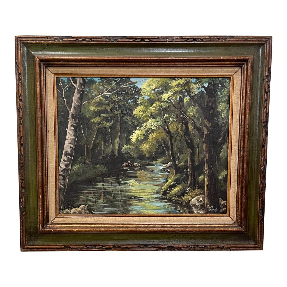 1976 Betty Schmidt Original Oil Painting Titled the Stream: Beautiful, original oil painting, titled "The Stream", by Betty Schmidt. Renowned American artist, once the president of Oil Painters of America. This is a beautifully done landscape scene with