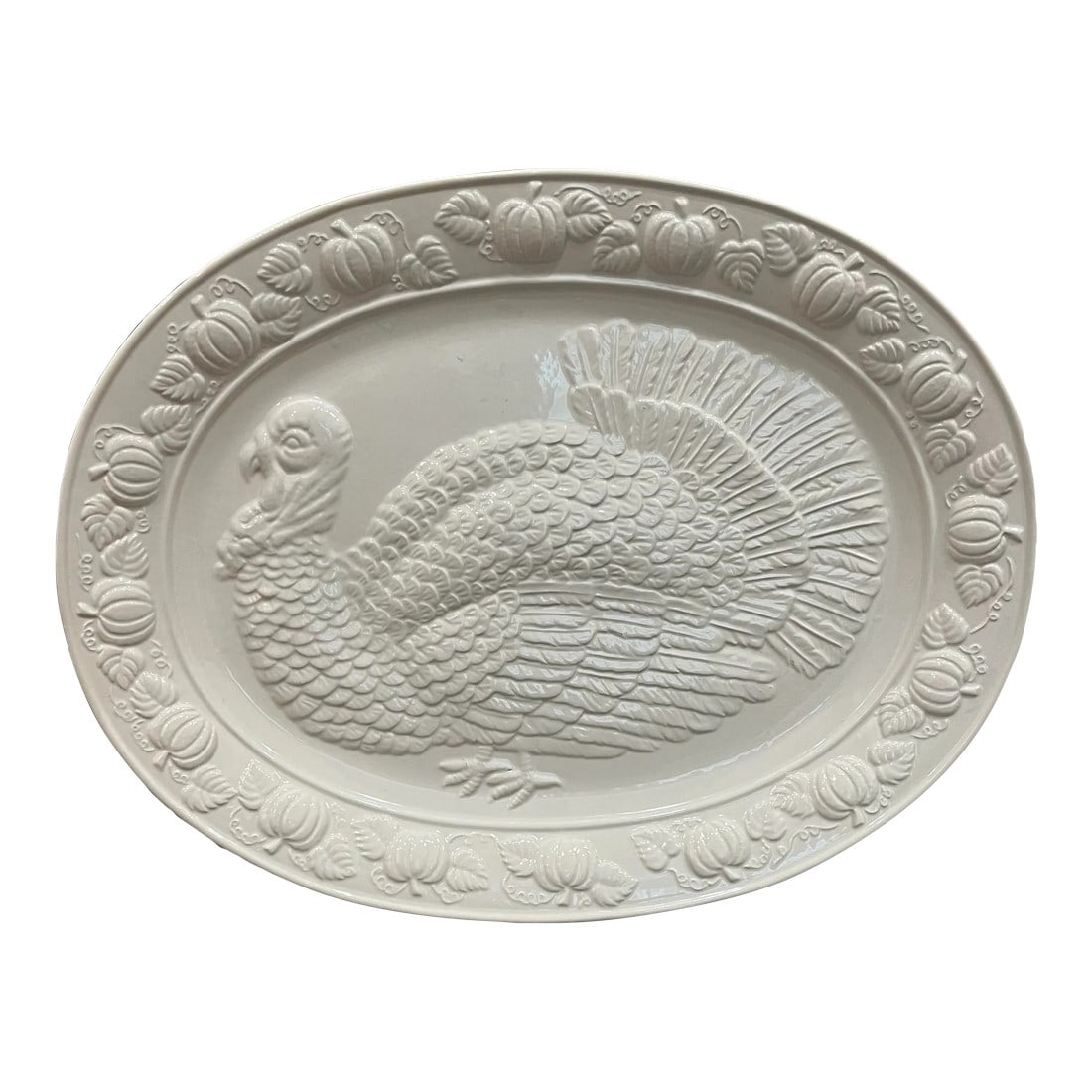 1980s Large White Ceramic Turkey Platter: Perfect addition to your fall tablescape! This is a very large turkey themed serving platter, with no chips or cracks or crazing. Bordered by pumpkins, and featuring a large turkey right in the