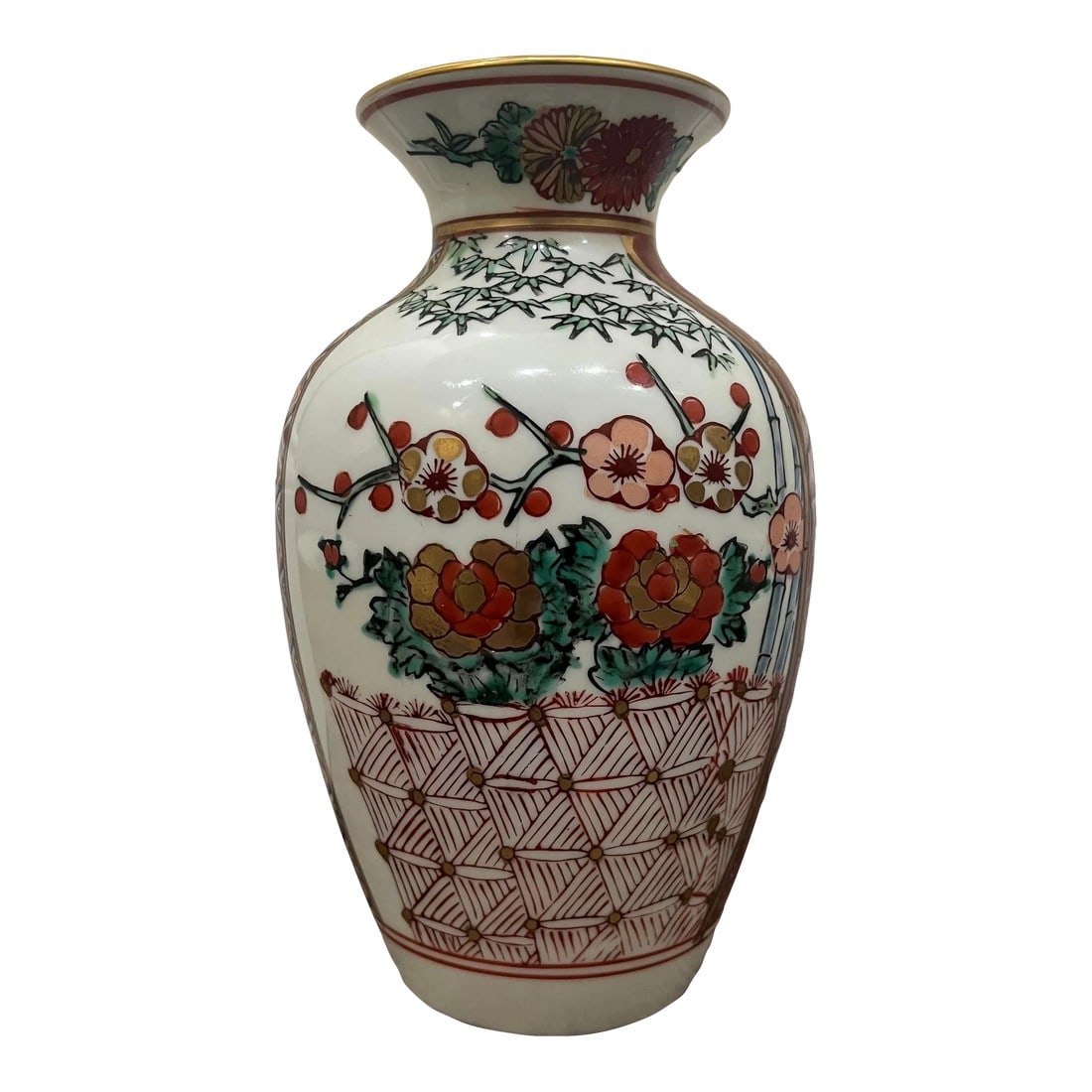 Mid Century Japanese Gold Imari Baluster Vase: Cherry blossoms, bamboo, wheat, this beautiful Japanese gold Imari vase has it all. The enamel work is gorgeous, as is the hand painting. In perfect condition, I hope you love it as much as I do! 
