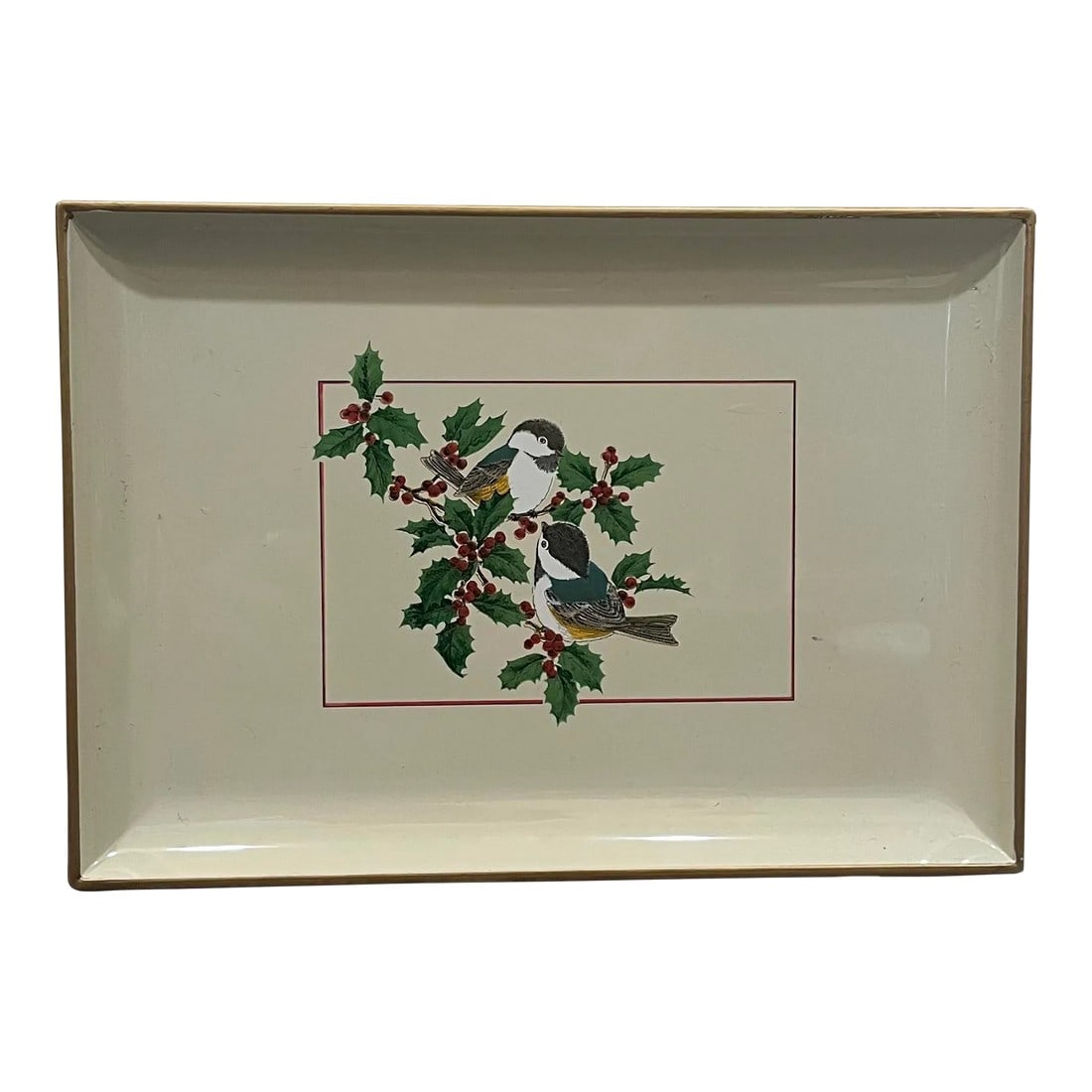 1980s Petite Otagiri Lacquerware Christmas Tray: Sweet little sparrows playing in some holly, all bordered by a gold trim, complementing the cream color of the lacquerware perfectly. Dimensions are: 8.25 x 6 x 0.5 IMPORTANT INFO: - I participate