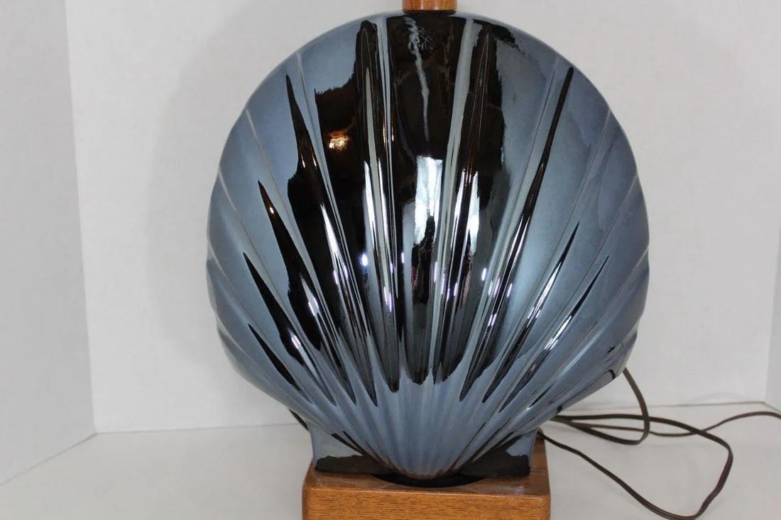 1950s Vintage Art Deco Style Large Metallic Blue Shell Table Lamp - 8