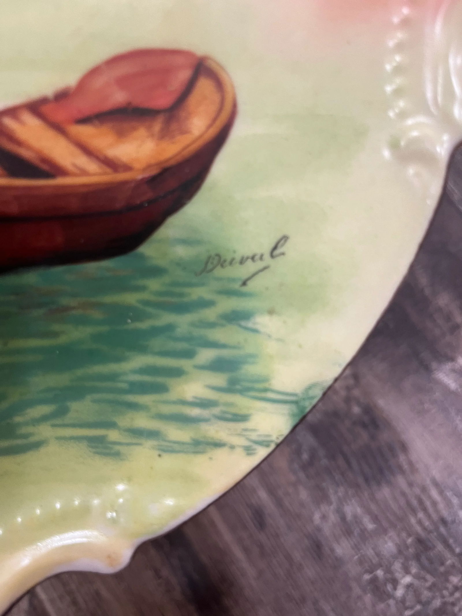 Antique Limoges Coronet Hand-Painted Fishermen Wall Plate- Signed - 3