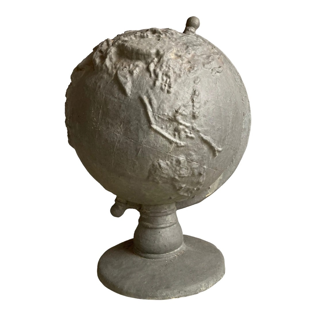 Mid 20th Century Serge Roche Style Plaster Globe of the Earth: Unique gray painted plaster topographical globe on stand of the planet Earth, showing prominently the various mountain ranges, Andes, Rockies, Himalayas etc. An unusual piece, style of Serge Roche. 