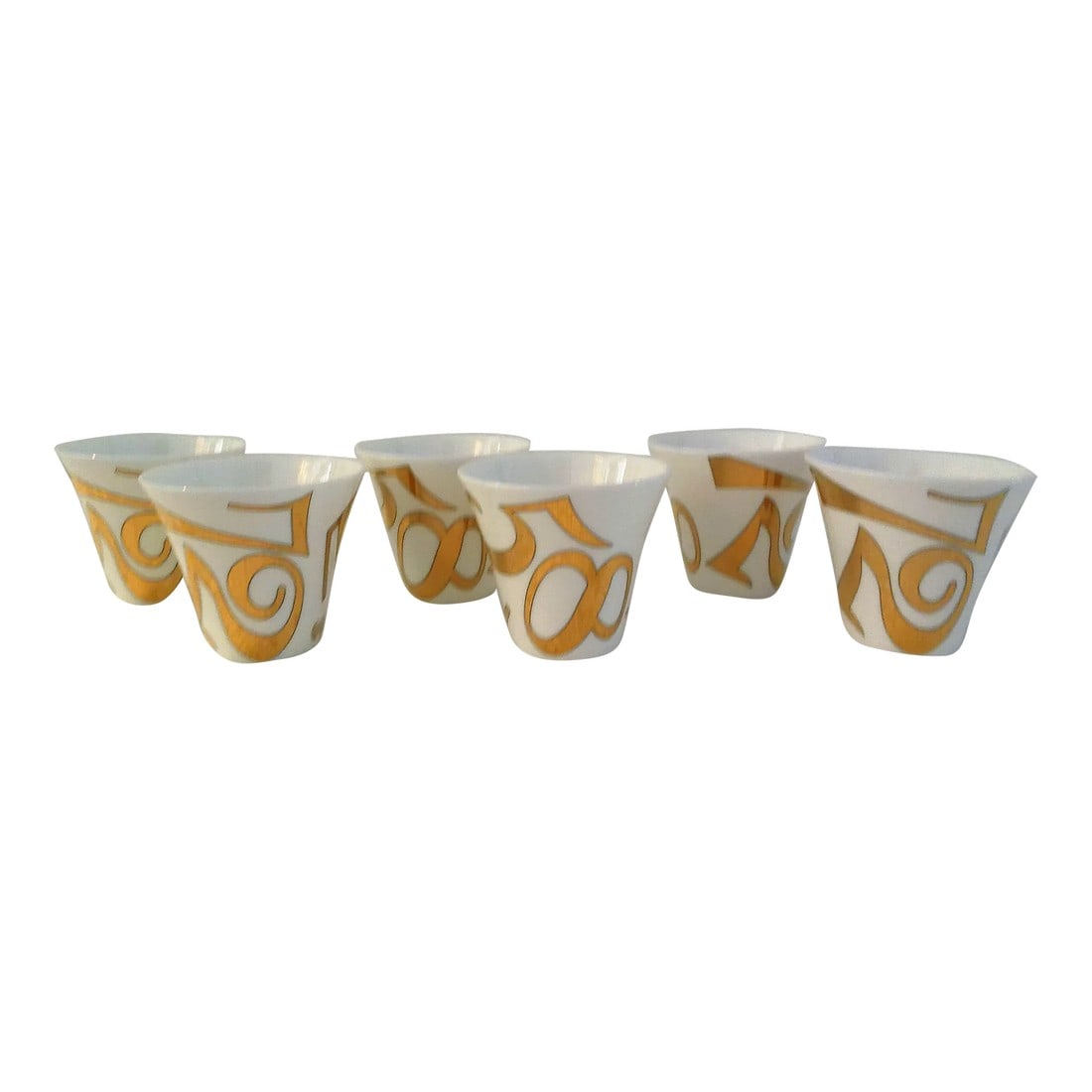 Modern Gold Numbered Porcelain Turkish/Expresso Coffee/Tea Cups, Set of 6: Cool set of six white porcelain Turkish coffee/tea cups featuring a modern number design around perimeter in gold. Can also be used for sake or cordial liquors. Condition: Alterations: Original