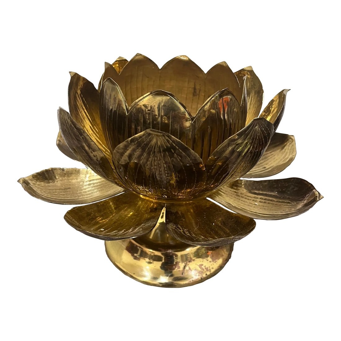 Mid 20th Century Etched Brass Lotus Candlestick Holder in the Manner of Parzinger: So pleased to be able to offer for your consideration this incredibly unique- and fairly large- etched brass lotus flower candle holder! The details are so beautiful on each of the petals. I find it