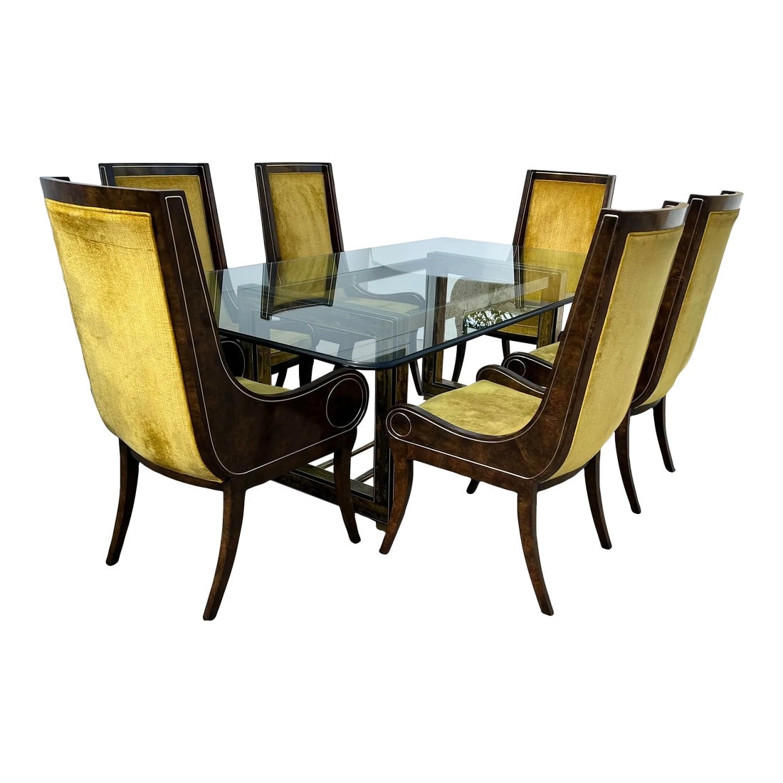 1970s Bernhard Rohne Acid-Etched Brass Dining Set.: Bernhardt Rohne For Mastercraft Acid-Edge Brass dining Set and Black lacquer trims ,Amboyna burl wood Chairs two arm chairs and four side chairs , The glass top is 3/4" thick with ogee edge 