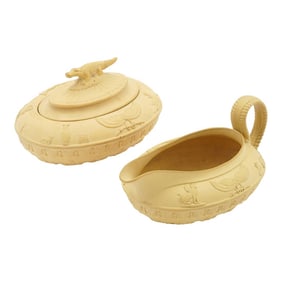 Caneware Creamer and Covered Sugar Bowl in the Egyptian Taste by Schiller & Gerbing, C. 1835