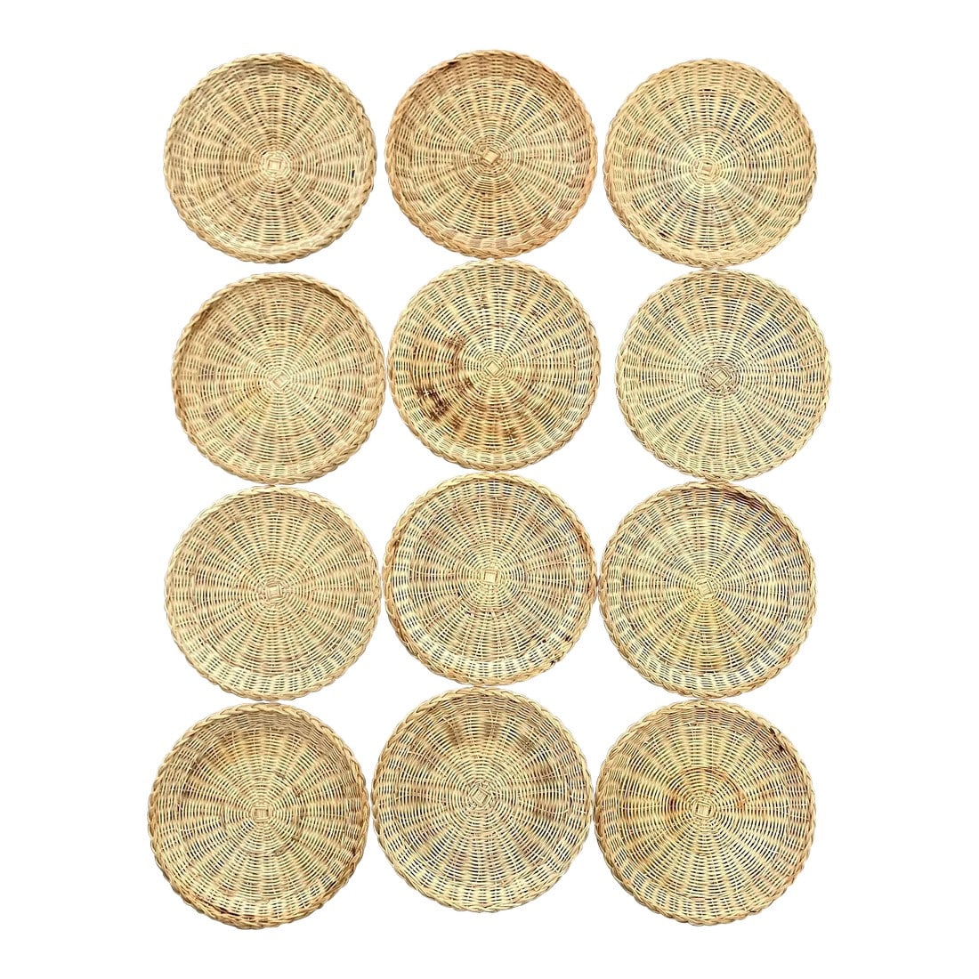 1970s Wicker Charger Plates- Set of 12: Set of 12 1970s wicker chargers. Excellent condition overall, one or two have expected (and age appropriate) signs of use. Still sturdy, great addition to your table! Dimensions are: 10 x 10 x 1 
