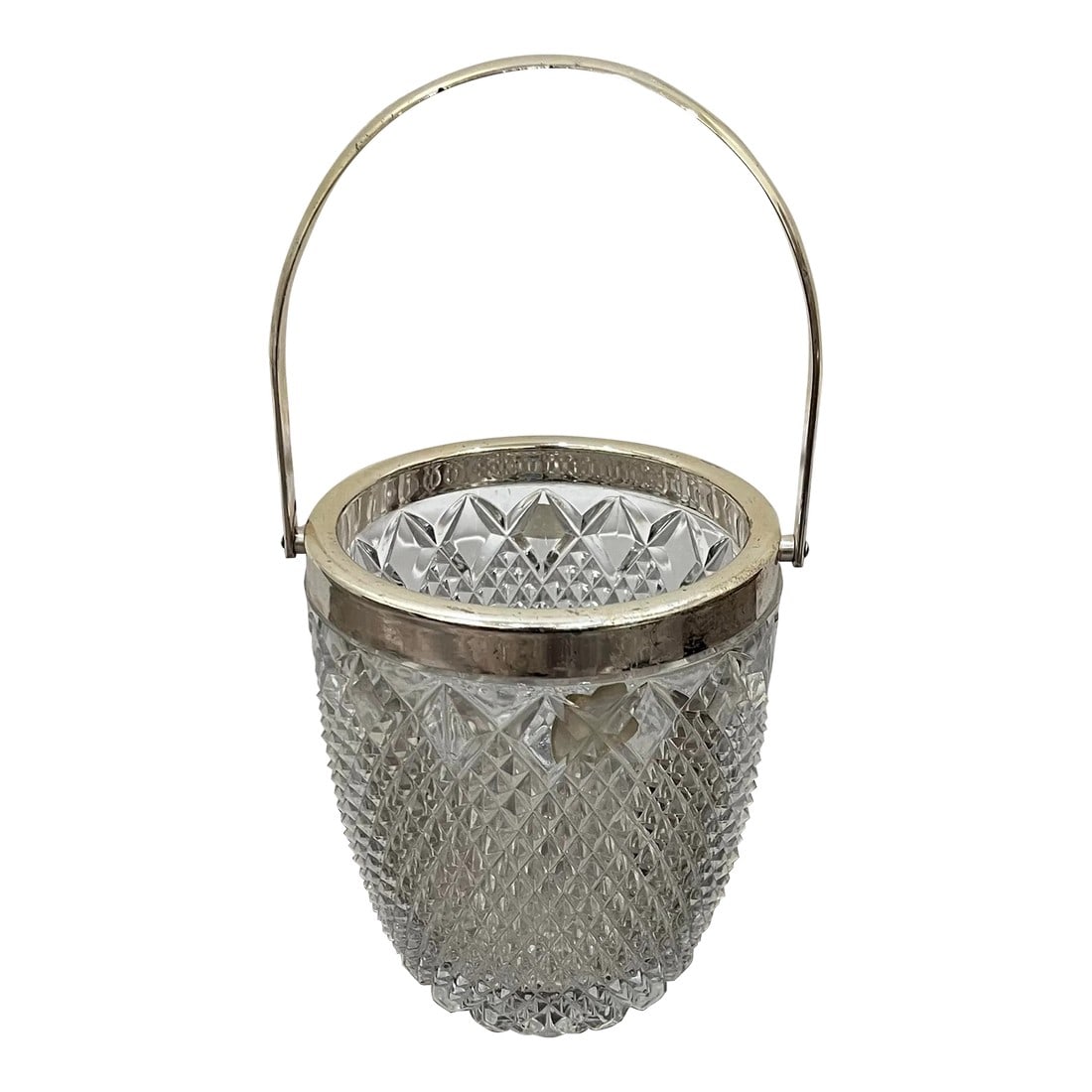 1980s Fb Rogers Silver-Tone Metal and Lead Crystal Ice Bucket: Absolutely beautiful addition to your bar cabinet. 10.5 inches high, very heavy for its size. Overall in excellent condition, imperfections are noted in photographs. A beautiful piece without chips