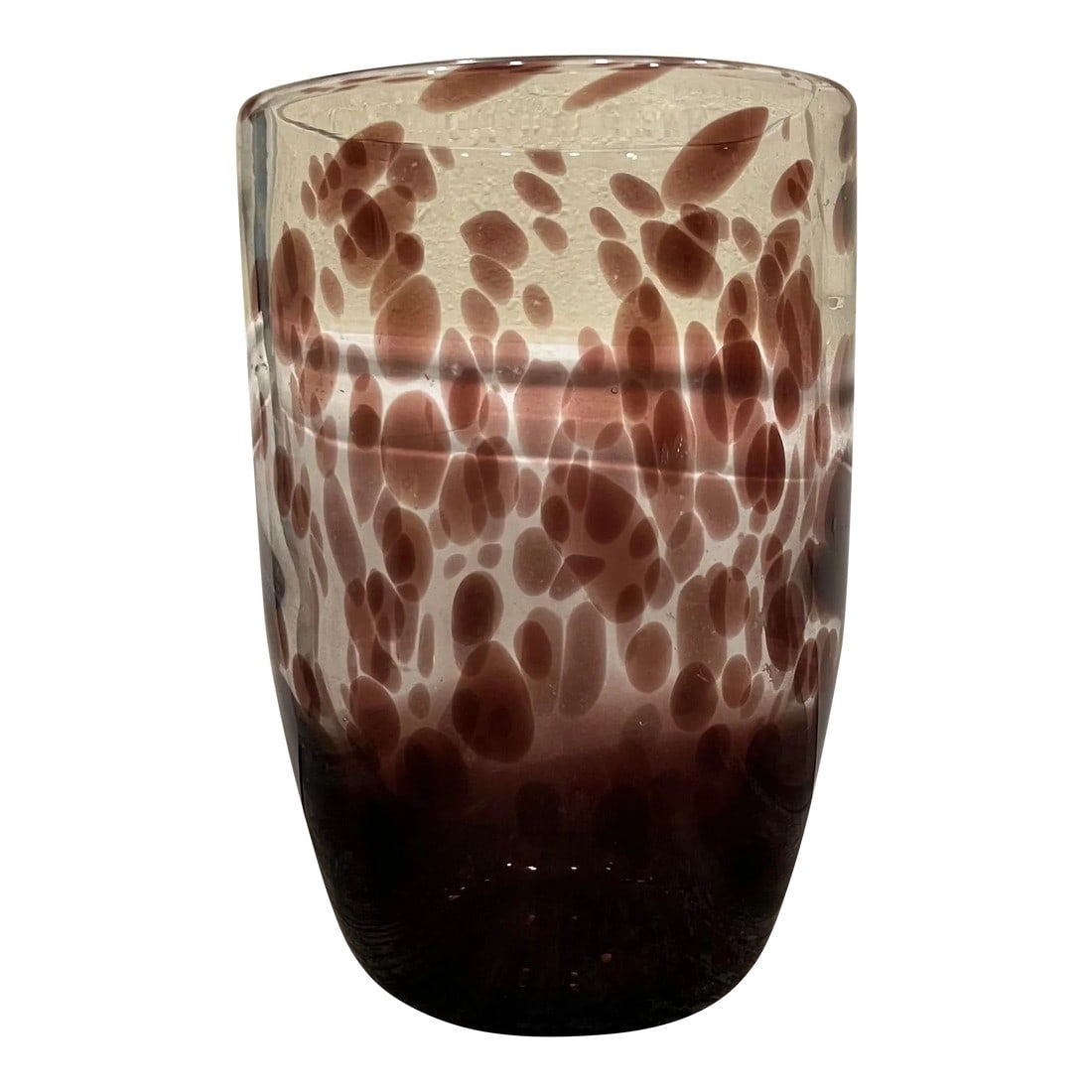 1960s Purple Tortoiseshell Blown Glass Art Vase Attributed to Murano: Beautiful tortoiseshell blown glass vase, attributed to Murano. Extremely heavy, sturdy. Spectacular detailing with the swirls and the segue from that deep purple to light purple and then to