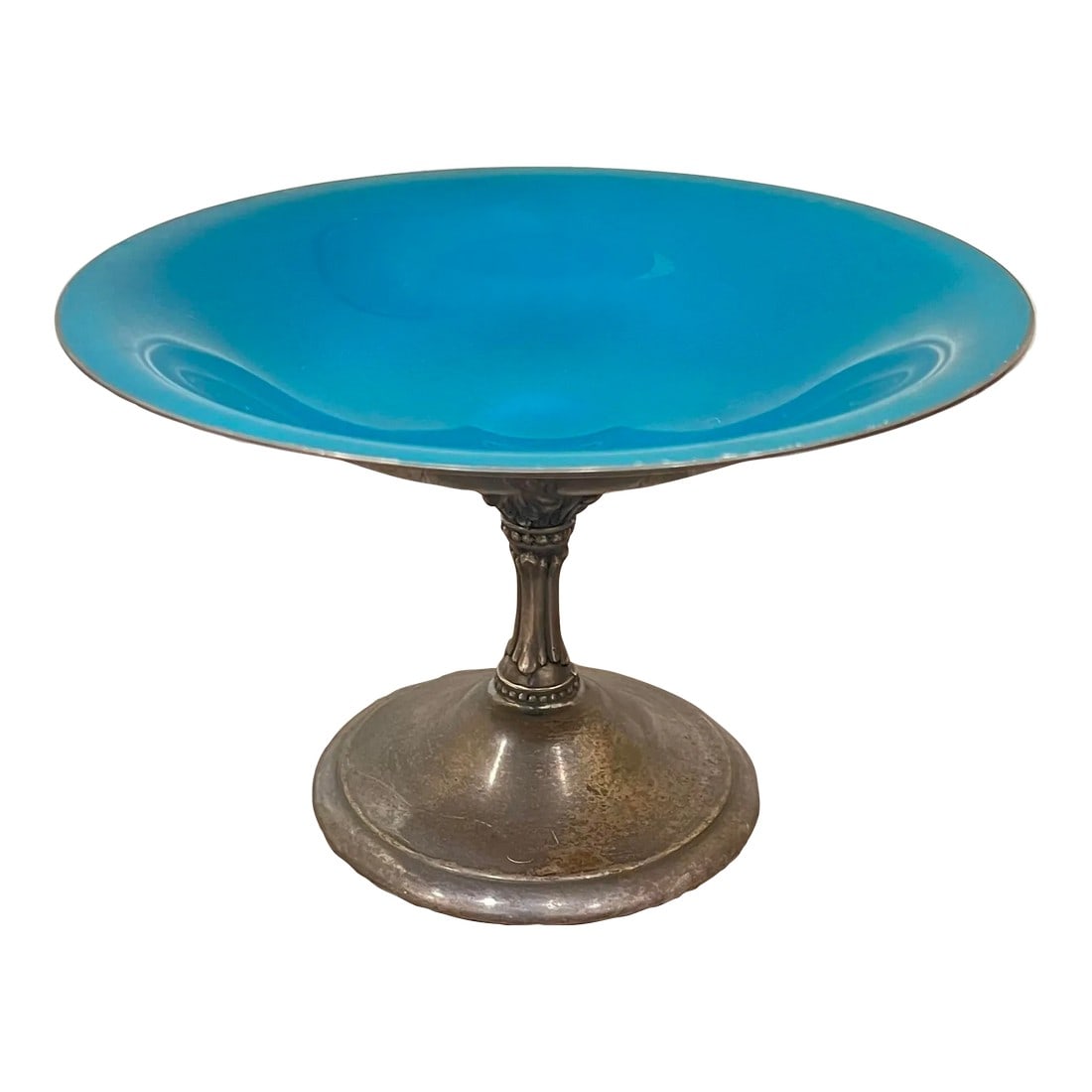 Mid 20th Century Reed and Barton Silverplate and Teal Enamel Pedestal Compote: Originally intended for culinary use, this gorgeous Reed & Barton compote dish can be placed anywhere you like. Striking design, beautiful curves. Excellent vintage condition! The color is not