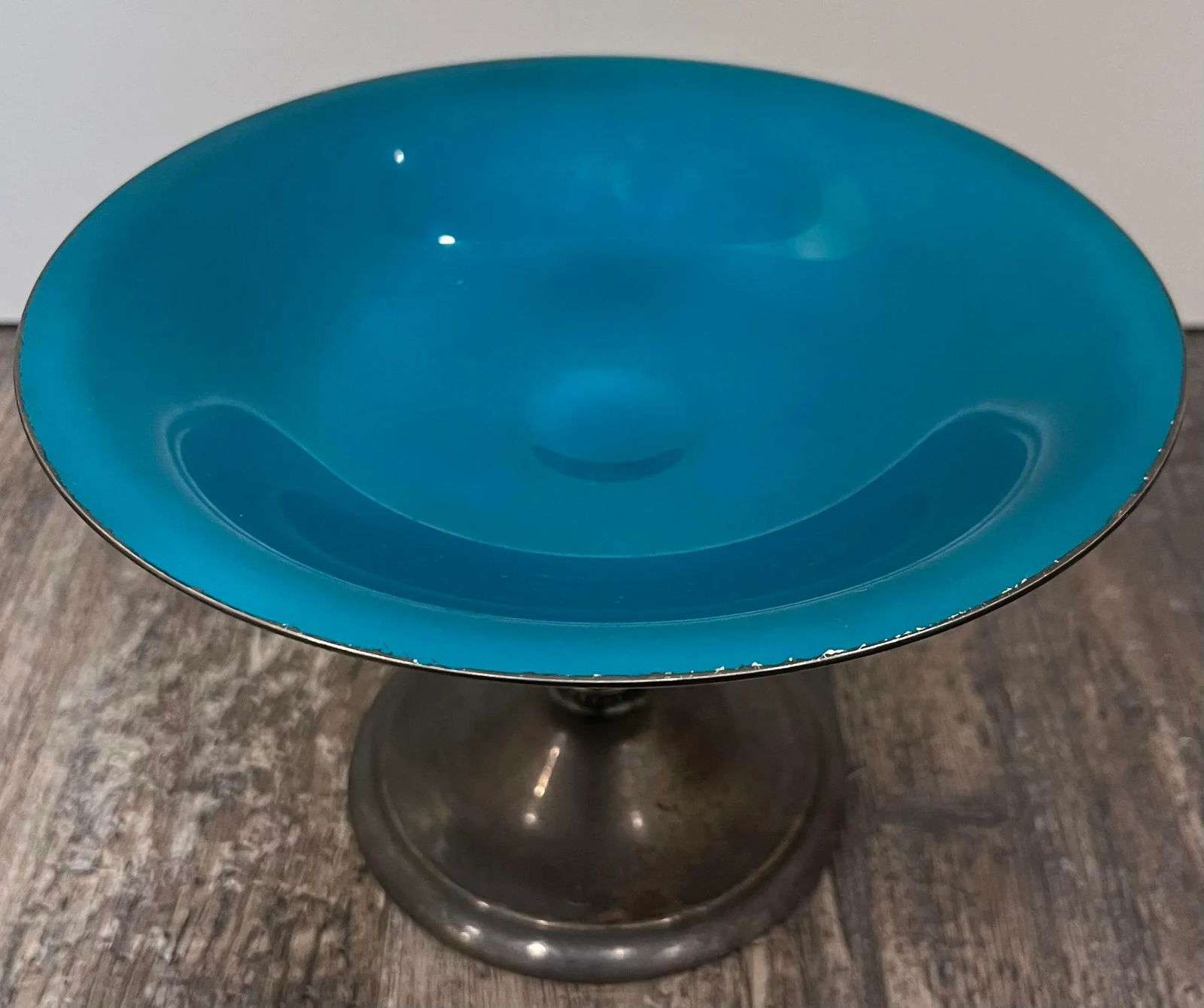 Mid 20th Century Reed and Barton Silverplate and Teal Enamel Pedestal Compote - 3