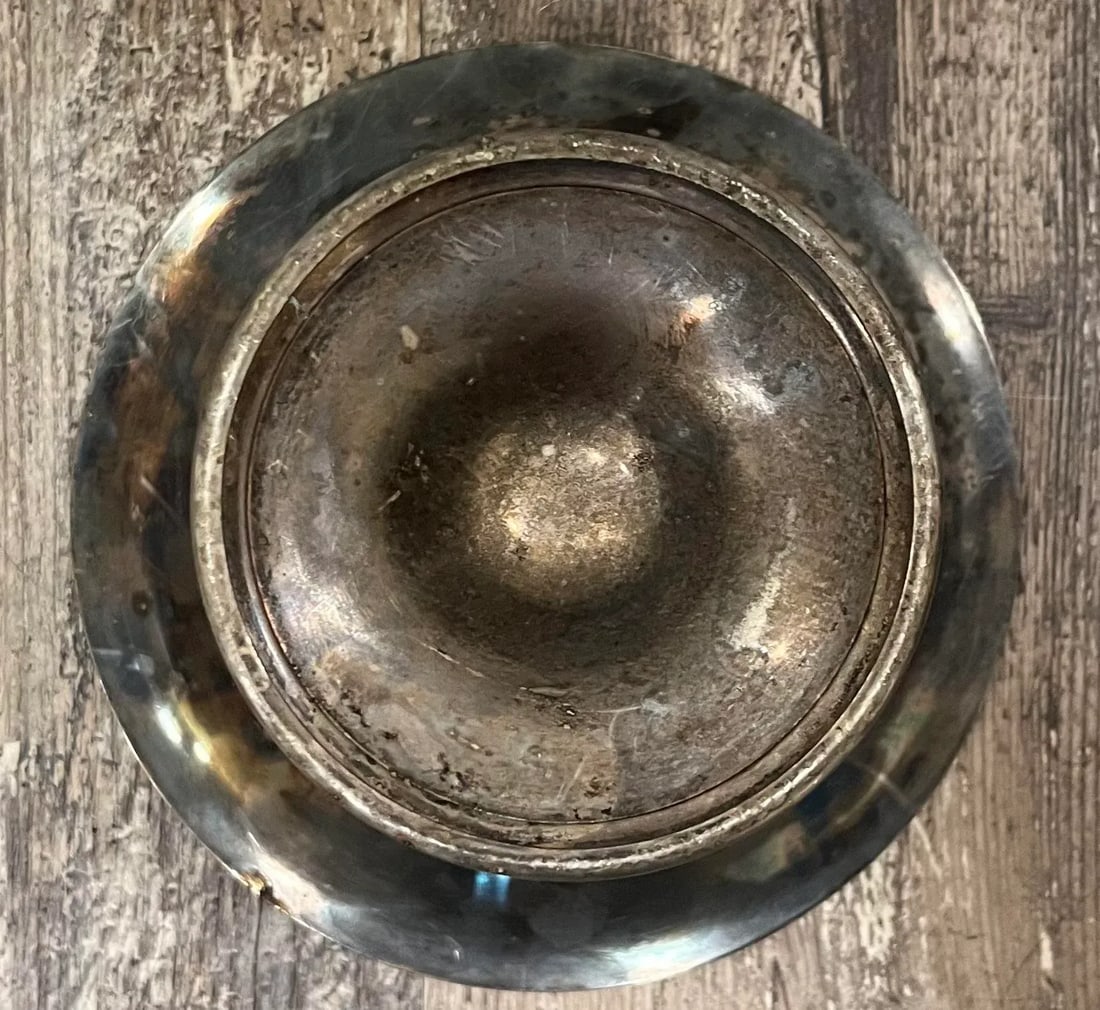 Mid 20th Century Reed and Barton Silverplate and Teal Enamel Pedestal Compote - 6