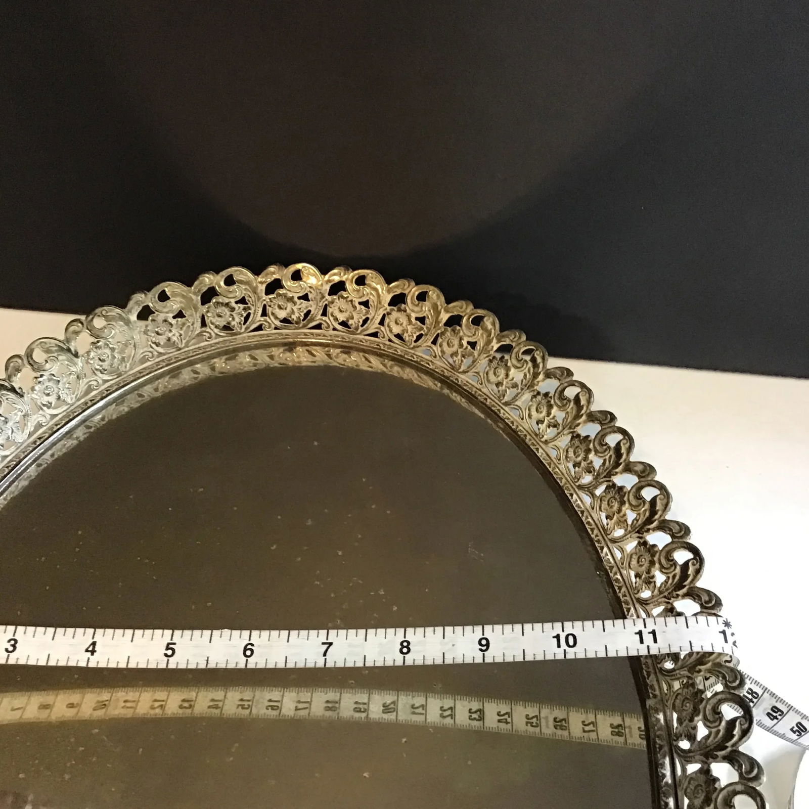 Hollywood Regency Vintage Mid-Century Modern Oval Gold Brass Filigree Ornate Vanity Tray With Mirror - 5