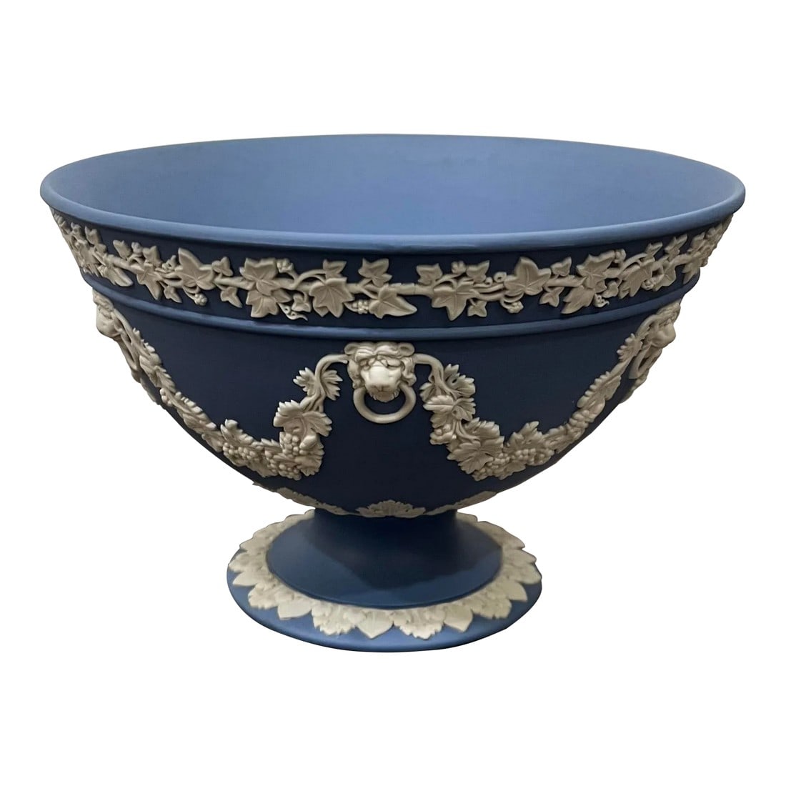 Wedgwood Blue Jasperware Footed Compote Circa 1910-1920s: Pleased to offer you this beautiful Wedgewood footed compote in their classic powder blue jasperware. Typical motif for wares of this era: lion heads, foliage, this piece is in beautiful condition. A