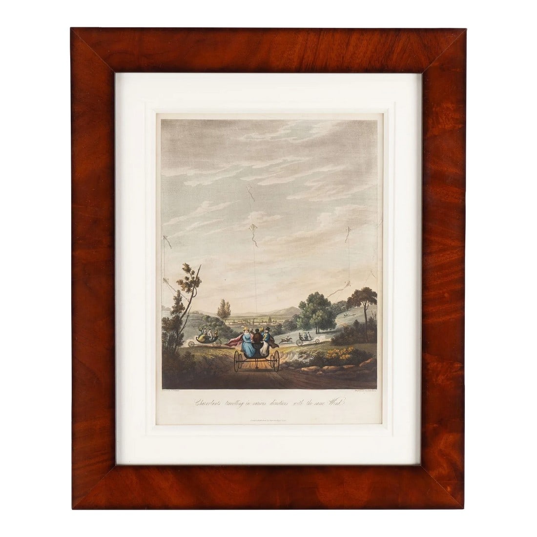 Charvolents Travelling in Various Directions With the Same Wind by S. Colman, 1827: English hand colored engraving of four charvolents (carriages being pulled by kites) travelling through the countryside above a small town. The charvolent was an invention of an English