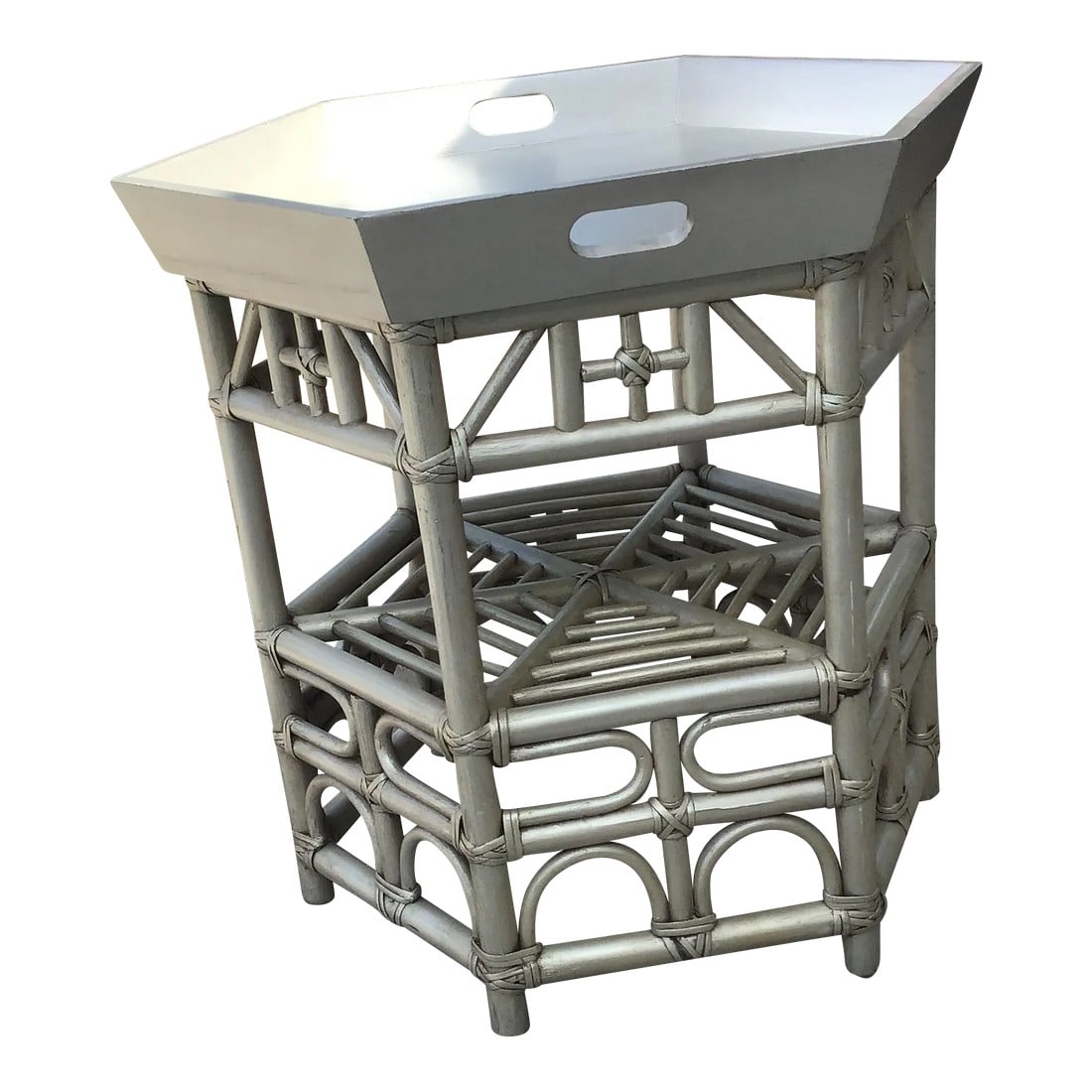 1980s Chinoiserie Tray Table: Love the convenience of this lift off hexagon tray, perfect for entertaining. The hexagon shape, makes it easy to walk around or placed between a sofa arm and a chair arm. The 26" height is perfect