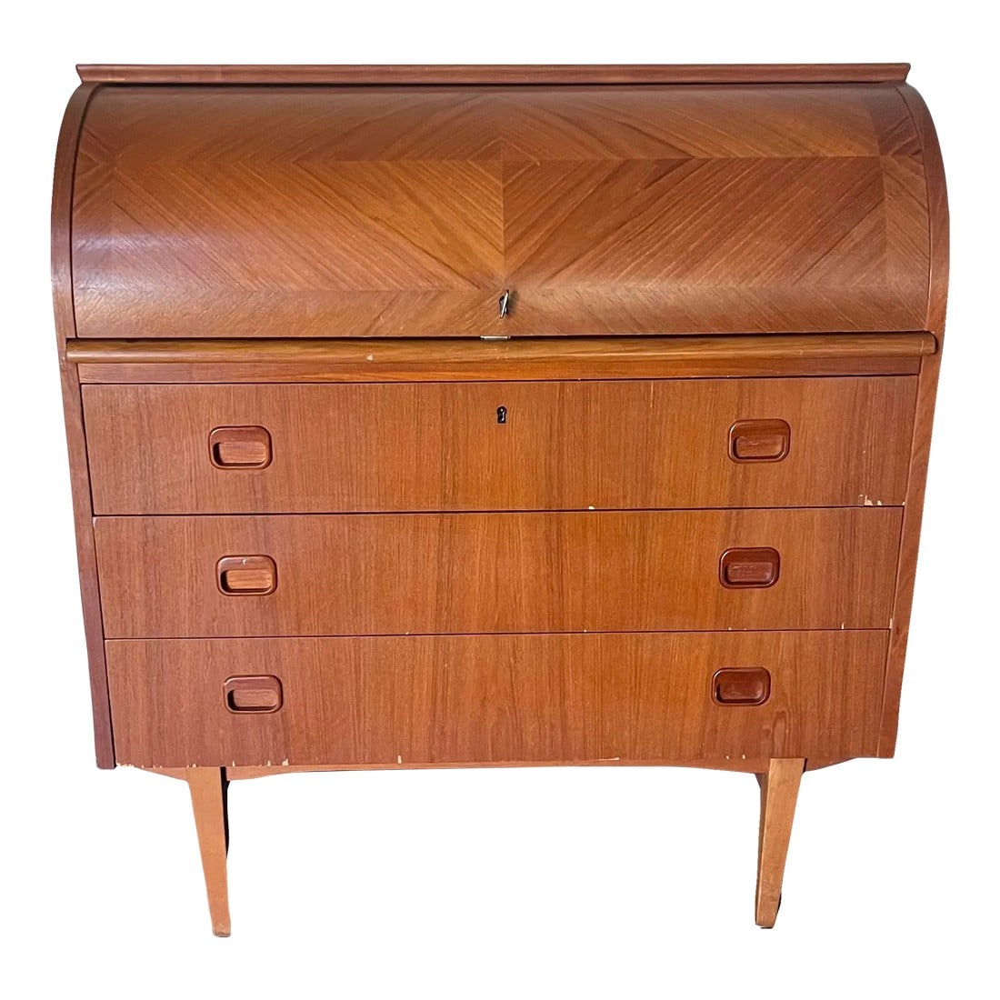 1960s Egon Ostregaard Danish Teak Rolltop Secretary Desk: Great bones, sturdy with no wobble. Still a beautiful piece of history! Price is reflective of condition: veneer repair is needed to bring this gorgeous teak rolltop back to perfection. That's