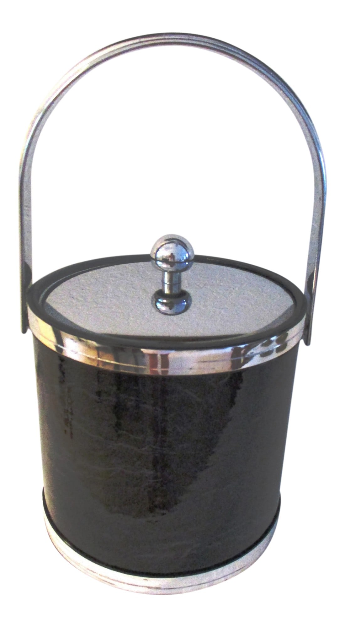 1970s Kraftware Silver & Black Faux Marble Ice Bucket: Glamorous lidded ice bucket featuring a black faux marble with gray veining exterior and silver-shaded vinyl trim at base, rim and handle. Silver-shaded metal lid and knob with white insulated