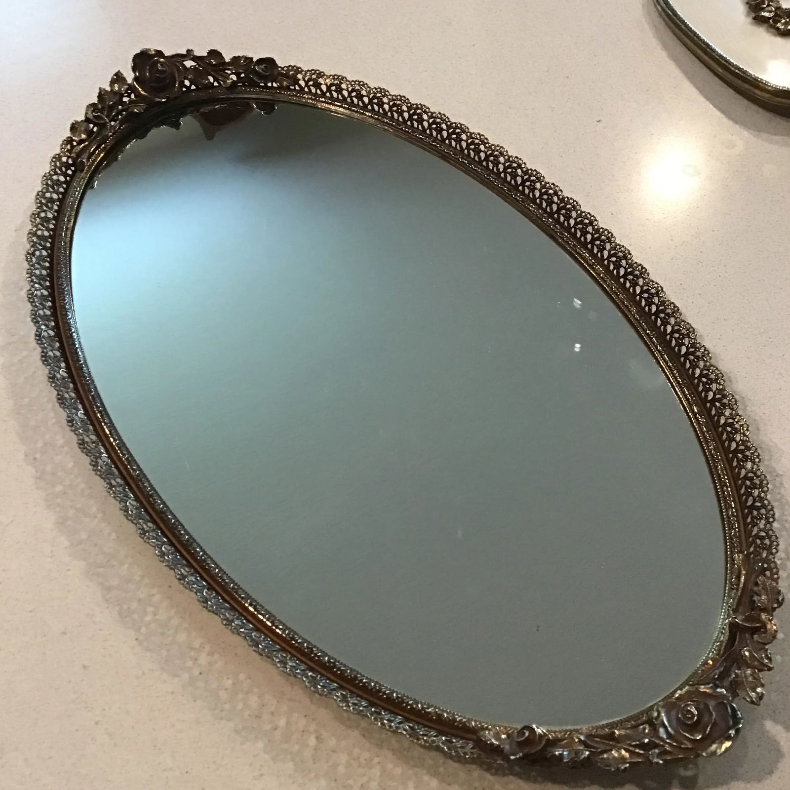 Vintage 1950's Hollywood Regency Gold Tone Rose Vanity Set - 4 Piece Set Oval Mirror Vanity Tray, - 2