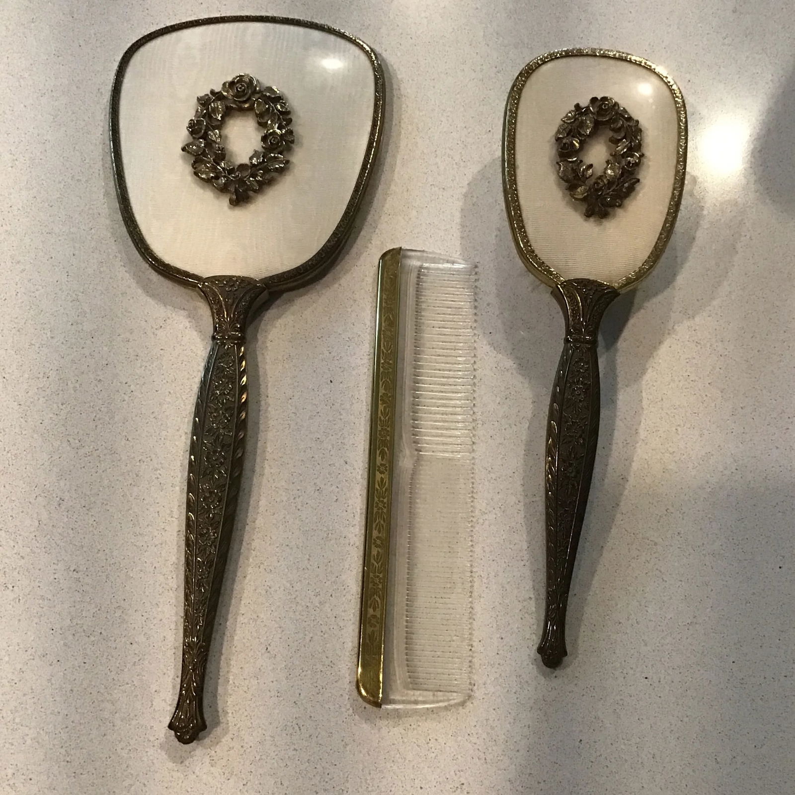 Vintage 1950's Hollywood Regency Gold Tone Rose Vanity Set - 4 Piece Set Oval Mirror Vanity Tray, - 4