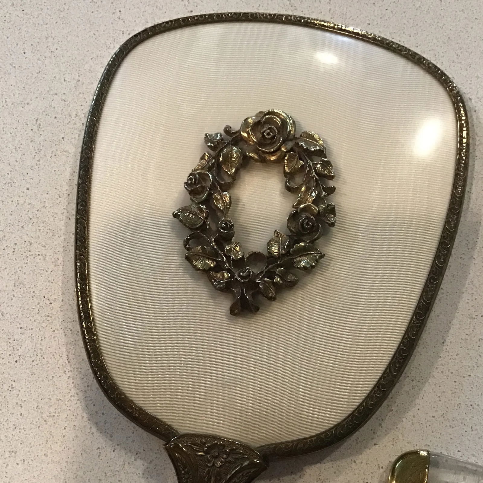 Vintage 1950's Hollywood Regency Gold Tone Rose Vanity Set - 4 Piece Set Oval Mirror Vanity Tray, - 5