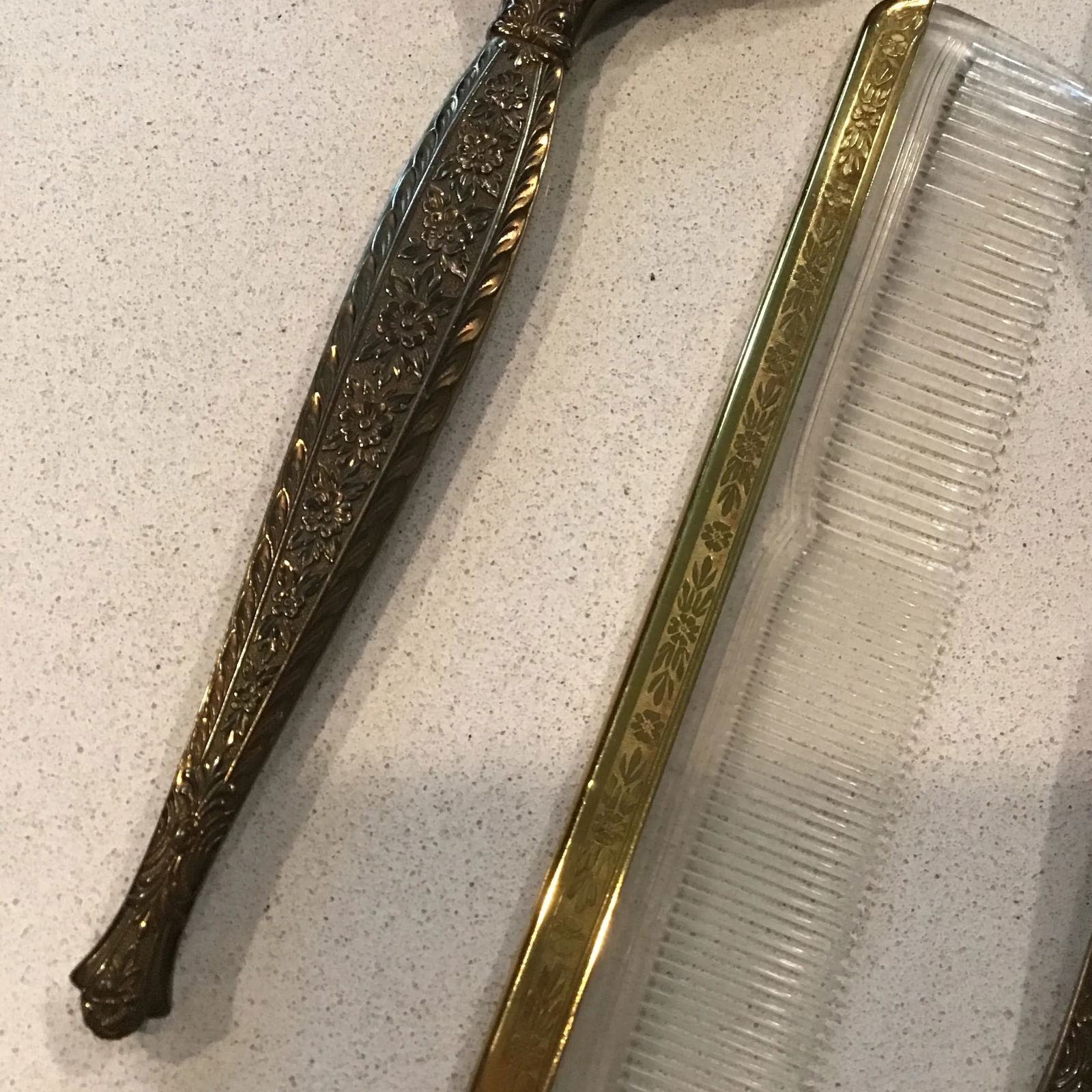 Vintage 1950's Hollywood Regency Gold Tone Rose Vanity Set - 4 Piece Set Oval Mirror Vanity Tray, - 6