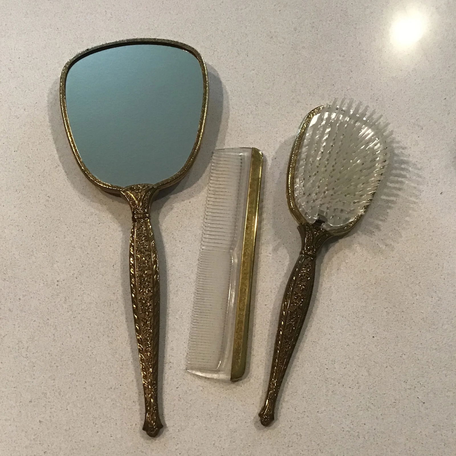 Vintage 1950's Hollywood Regency Gold Tone Rose Vanity Set - 4 Piece Set Oval Mirror Vanity Tray, - 7